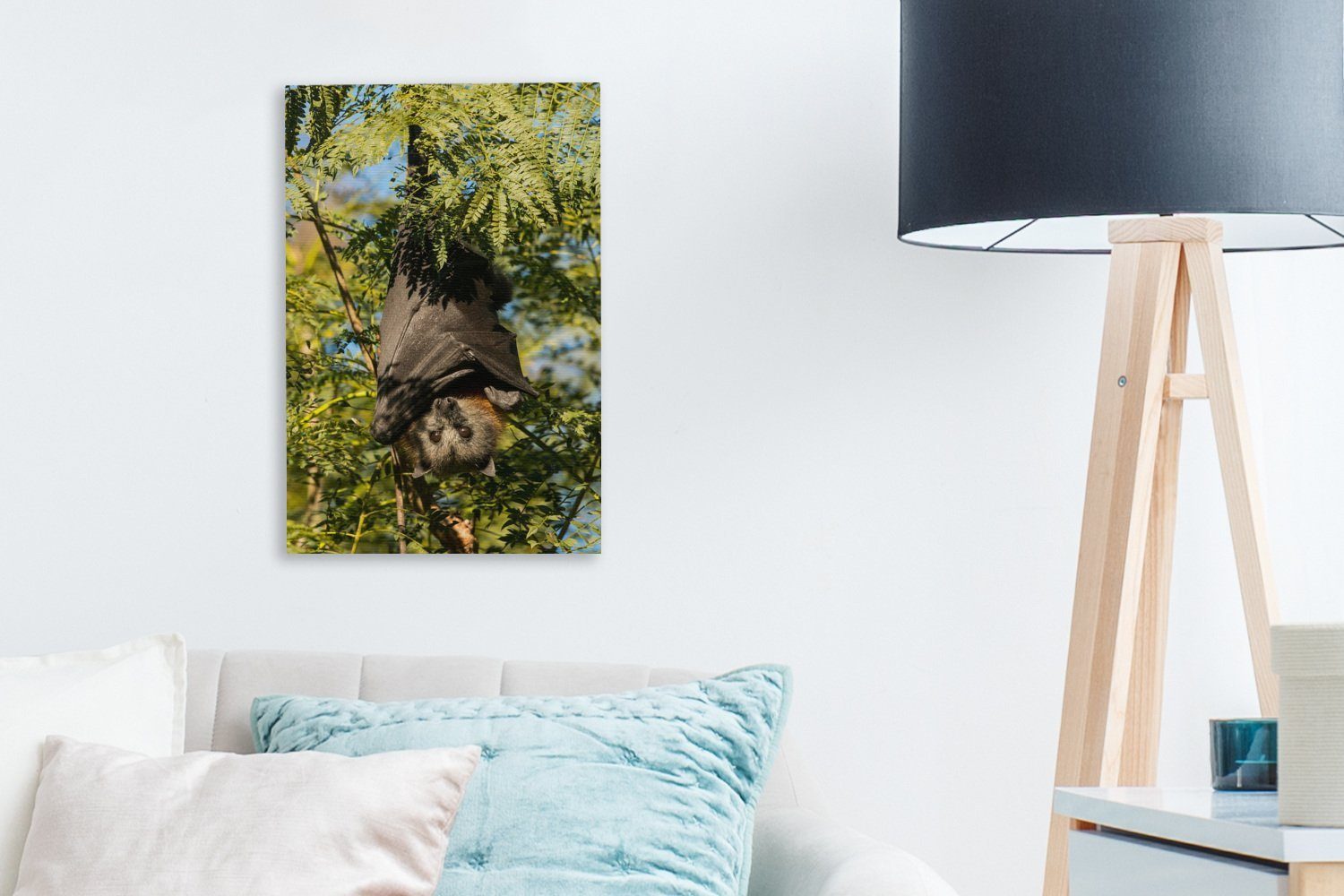 fertig Leinwandbild Gemälde, - 20x30 cm Fledermaus, Leinwandbild bespannt Baum St), - Zackenaufhänger, (1 Fliegender OneMillionCanvasses® Fuchs inkl.