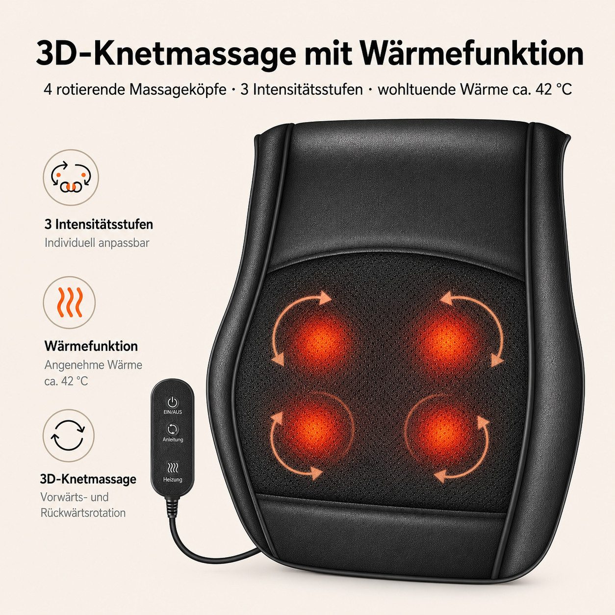 Tekoo Massagekissen Rückenmassagegerät Massagekissen mit Knetmassage & Infrarotwärme, Packung, Ergonomische Form, zuschaltbare Infrarotwärme, bidirektionale Rotation