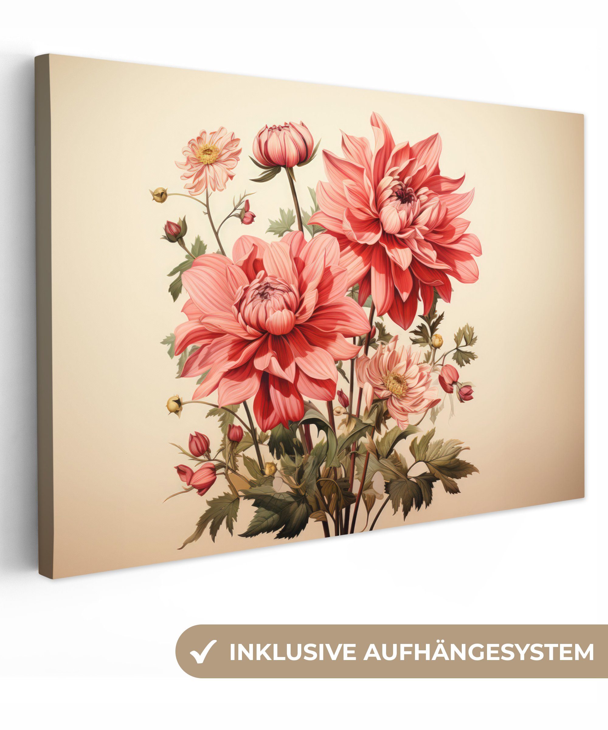 OneMillionCanvasses® Leinwandbild Vintage - Blumen - Rot - Beige - Pflanzen, (1 St), Wandbild Leinwandbilder, Aufhängefertig, Wanddeko, 30x20 cm