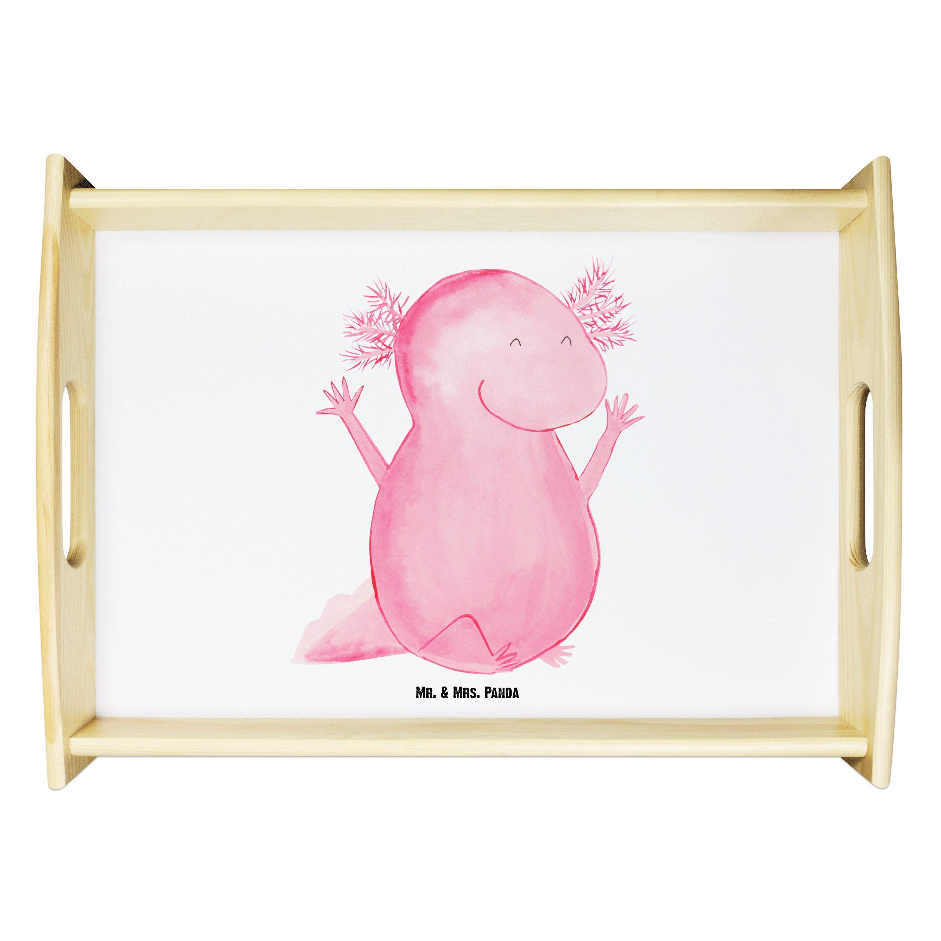Mr. & Mrs. Panda Tablett Axolotl Hurra - Weiß - Geschenk, Freude, Spaß, Tablett, Holztablett, Echtholz lasiert, (1-tlg)