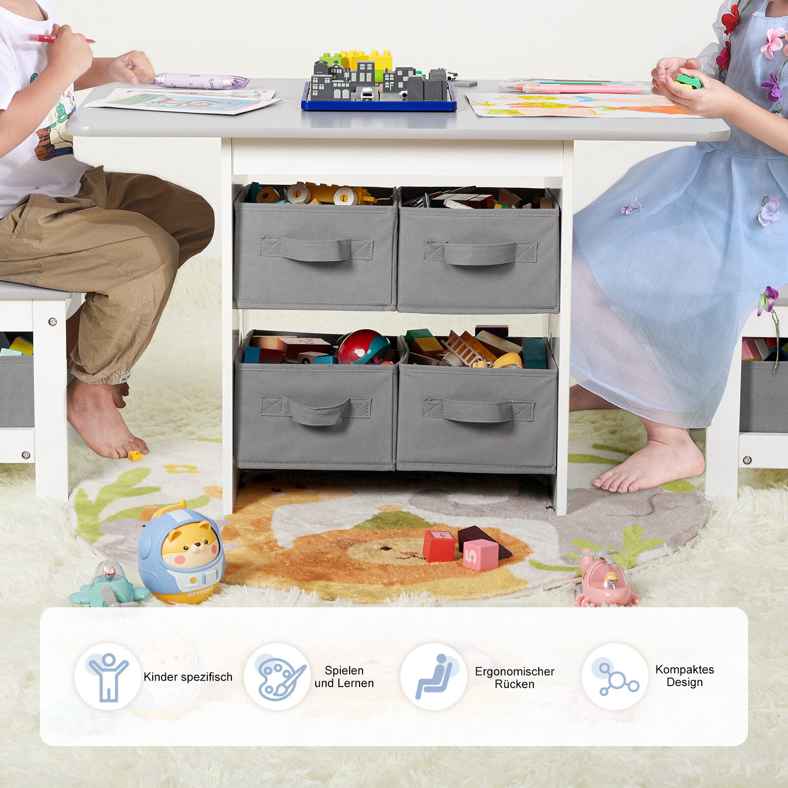 Yorbay Kindersitzgruppe Kindertisch mit 2 Stühlen, mit 6 Aufbewahrungskörben, (Kindersitzgruppe 3tlg, Grau +Weiß, Kindertisch mit Stauraum), Sitzgruppe für Kinder, Maltisch für Kinderzimmer, Spielzimmer