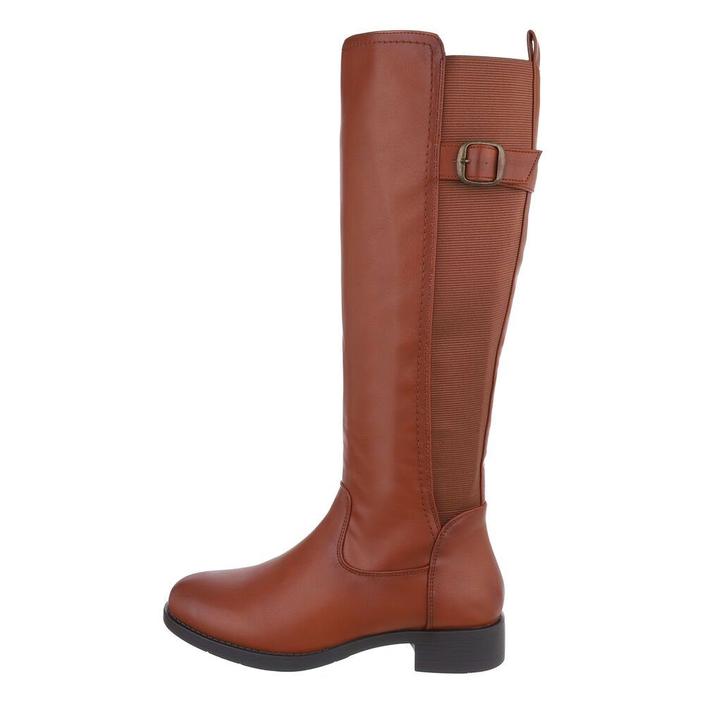 Ital-Design Damen Freizeit Stiefel Blockabsatz Flache Stiefel in Camel