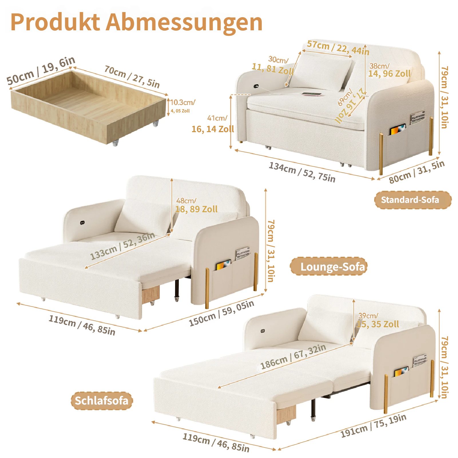 Rutaqian Sofaschoner 70 Inch Convertible Sofa Bed with Charging Station Side Pocket, Ausziehbares Schlafsofa, klappbares Zweisitzer-Schlafsofa für Schlaf