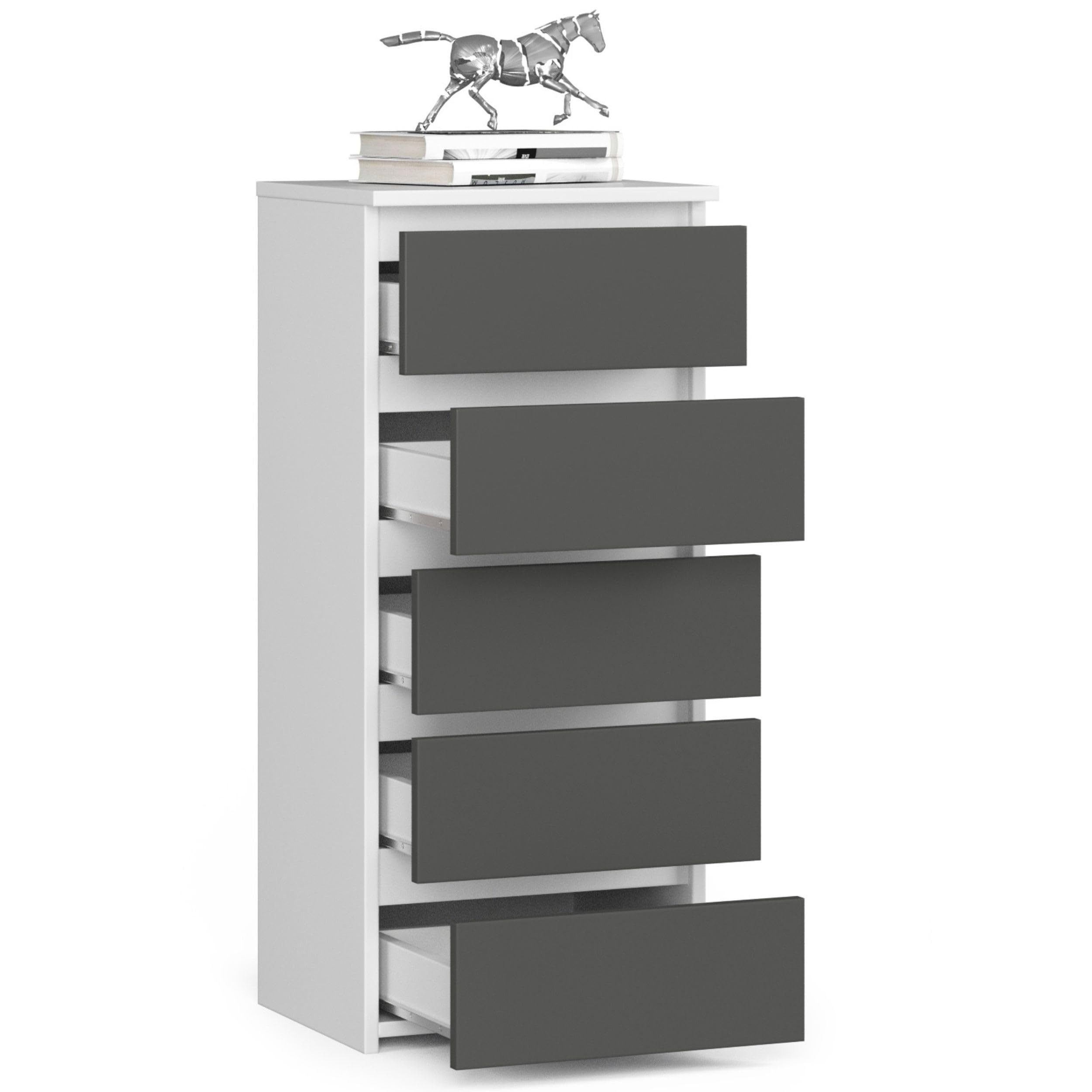 Milord FURNITURE Kommode mit 5 Schubladen 40 cm breit Holz Schrank B40xH92xT35 cm (Highboard Anrichte Schlafzimmer Wohnzimmer Flur Büro Organizer)