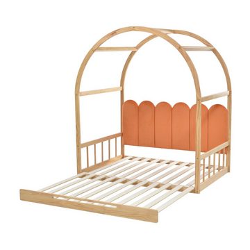 OKWISH Bett Bett, Schiebebett, Kinderbett, Tagesbett, Doppelbett (Erweiterbares Gewölbtes Dachbett, Samtkissen, Rahmen aus Kiefernholz, Ohne Matratze), 140x100cm&140x200cm