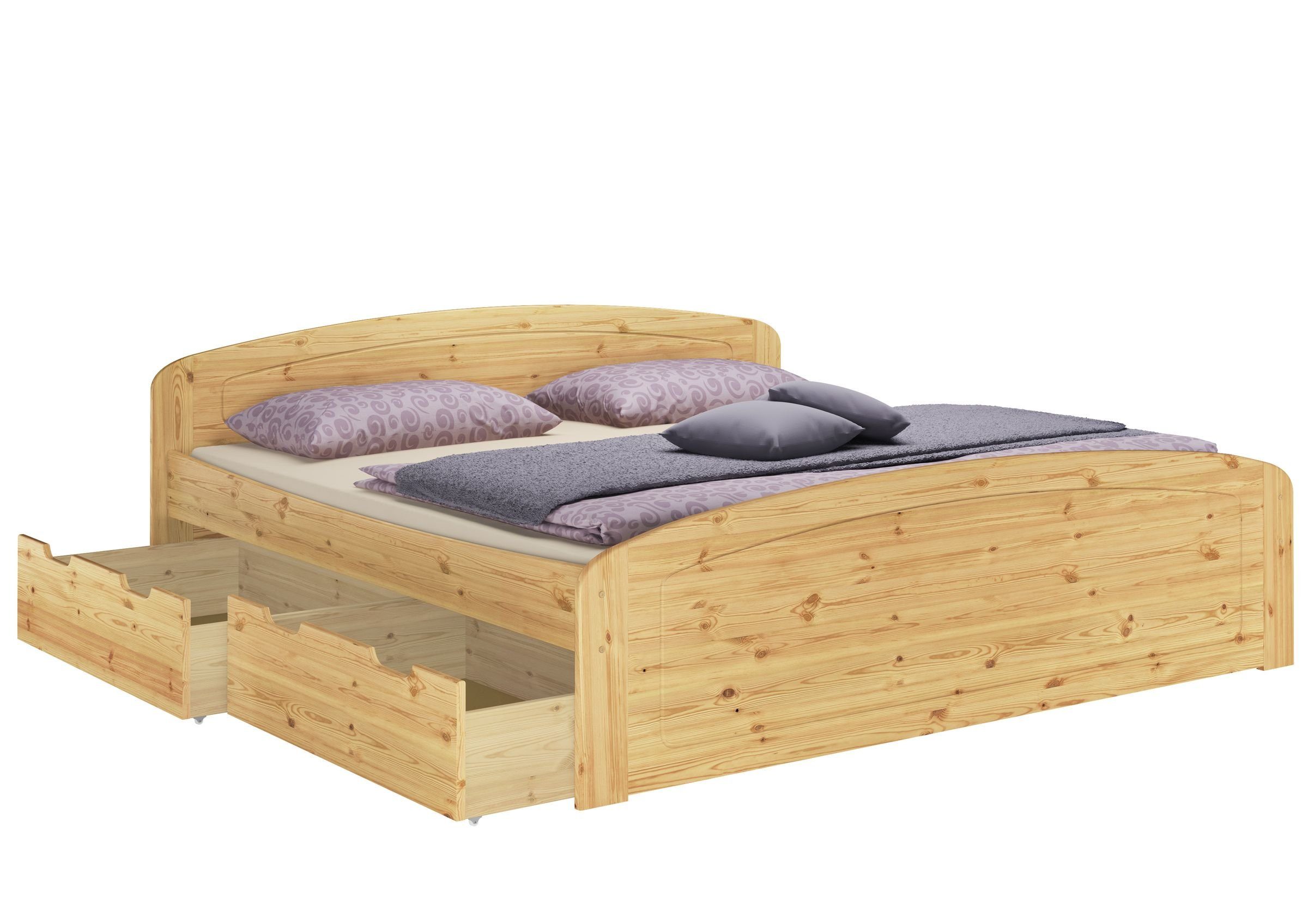 3 lackiert Kiefer Bett Funktionsbett mit 180x200 Kieferfarblos Federleisten, + ERST-HOLZ Bettkästen