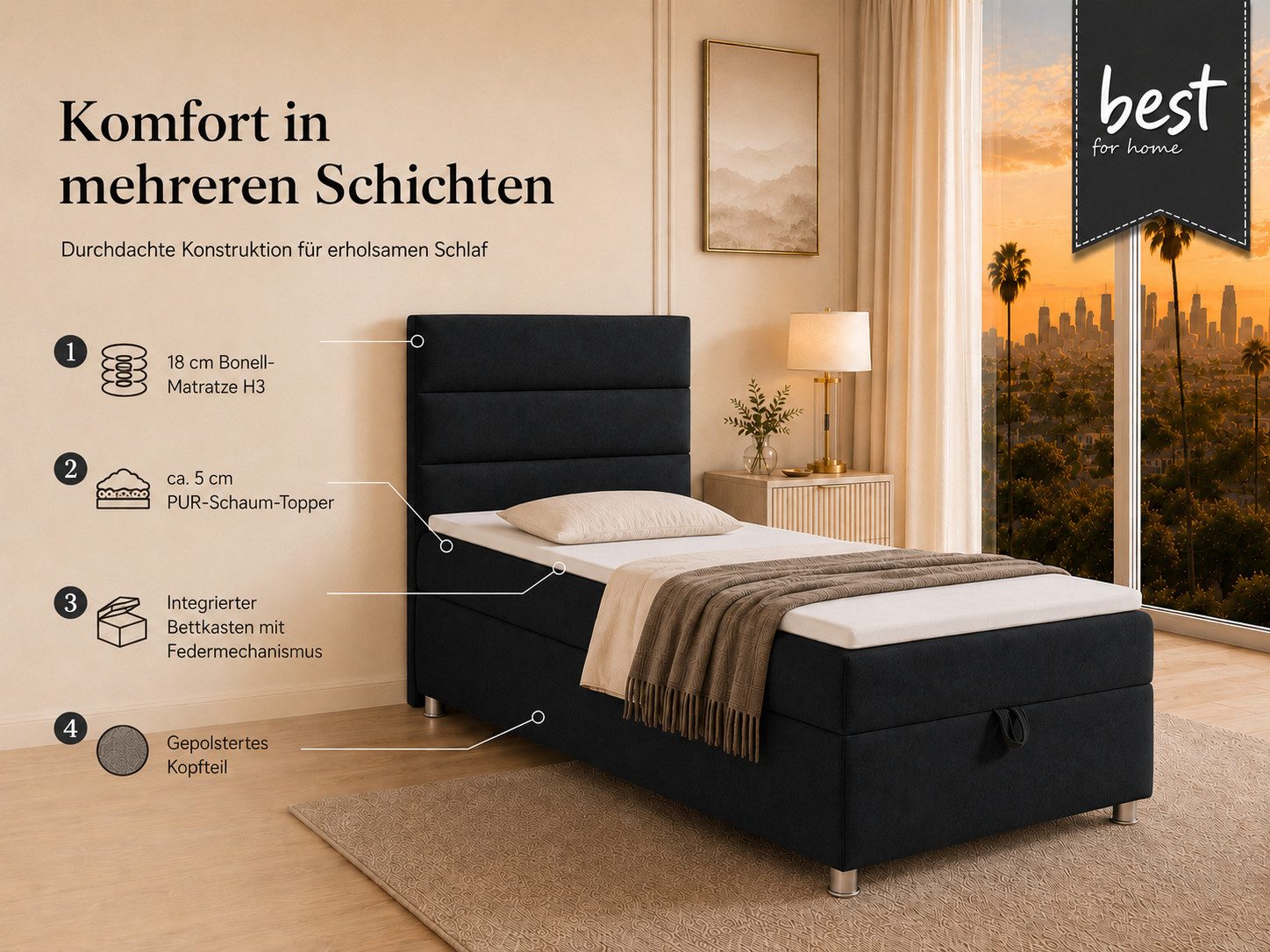 Best for Home Boxspringbett Trinity K-4 Single 5cm Topper Bonell Bettkasten (Einzelbett, Polsterbett mit gepolstertes Kopfteil, Jugendbett, Kinderbett versch. Größen, 1-St., 70x200 80x200 90x200 100x200 cm), Stauraum; ergonomischer Schlafkomfort; modernes Design