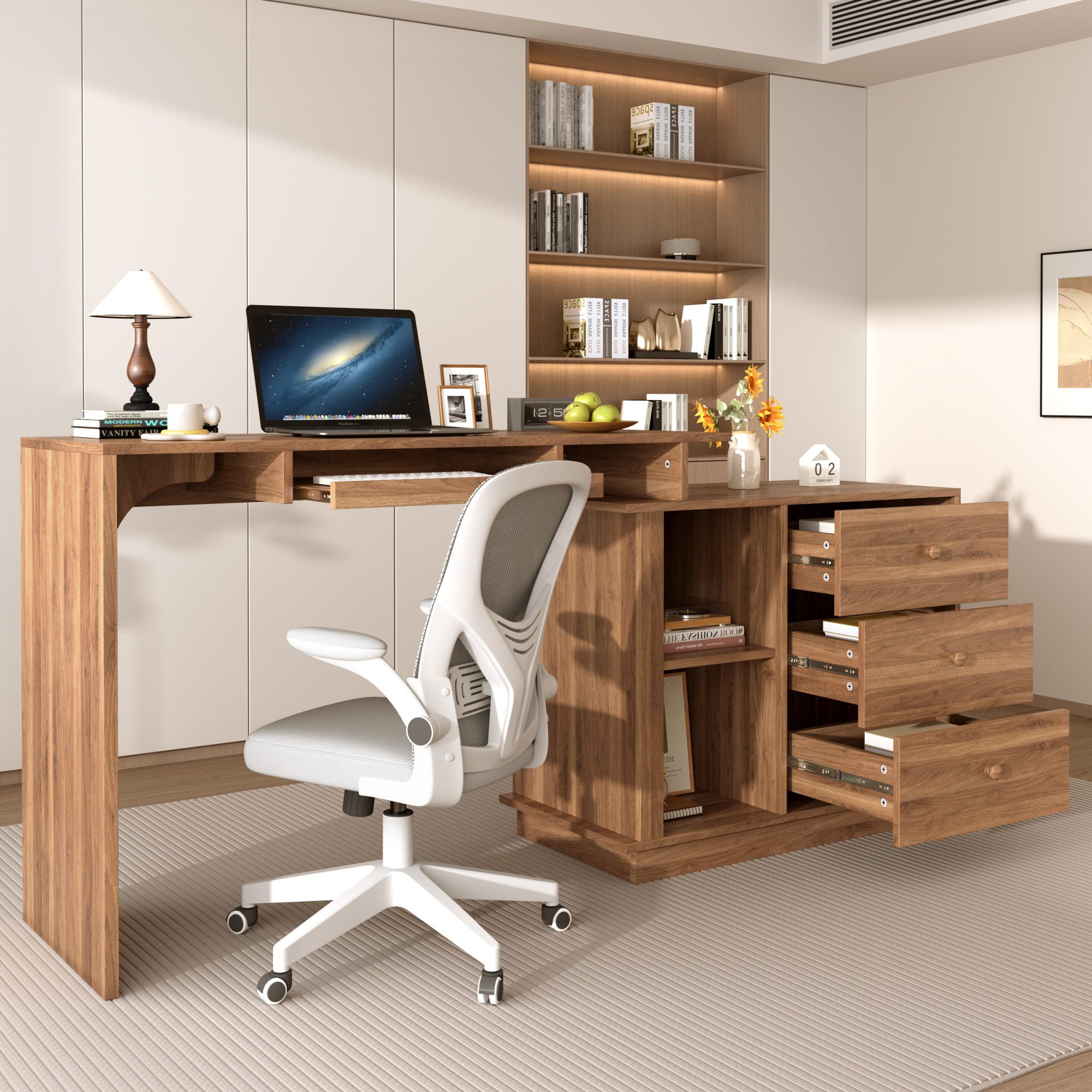 Flieks Computertisch ausziehbar Schreibtisch & Kommode mit 2 offenen Fächern, 3 Schubladen (Tischmaße: 110x40x75,5 cm, Schrankmaße: 80x40x64 cm, 2-St., 2er Set), multifunktional Arbeitsltisch Bürotisch Gamingtisch Walnussholzfarbe