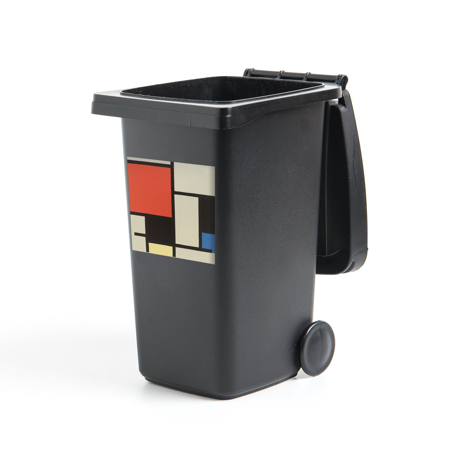 MuchoWow Wandsticker Komposition mit rotem Quadrat, schwarz, blau - Piet Mondrian (1 St), Mülleimer-aufkleber, Mülltonne, Sticker, Container, Abfalbehälter
