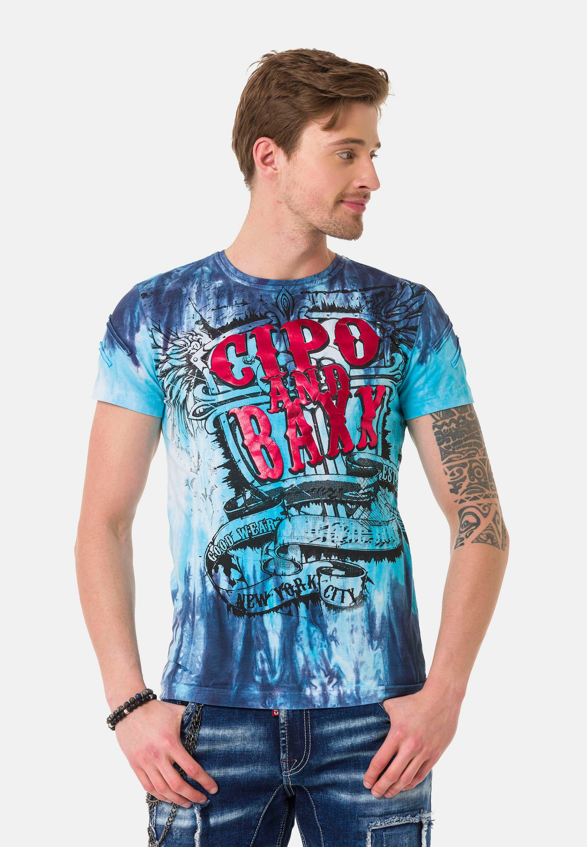 Cipo & Baxx T-Shirt mit großen Schriftzugprints blau-pink
