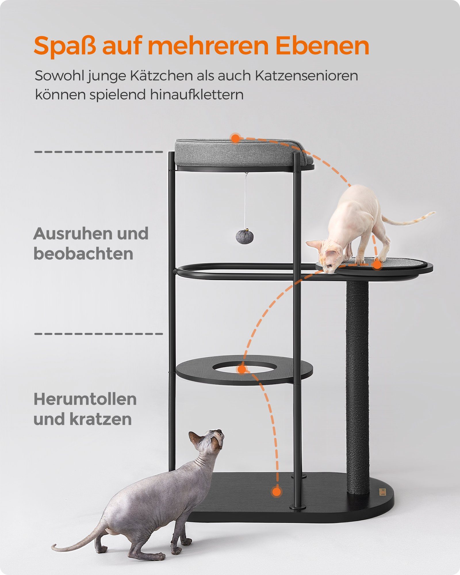FEANDREA Kratzbaum Katzenbaum, mit Kissen und Plattform, Sisalstamm, Katzenspielball, Metallrohre, 80 x 43 x 111 cm, für kleine, große, alte Katze