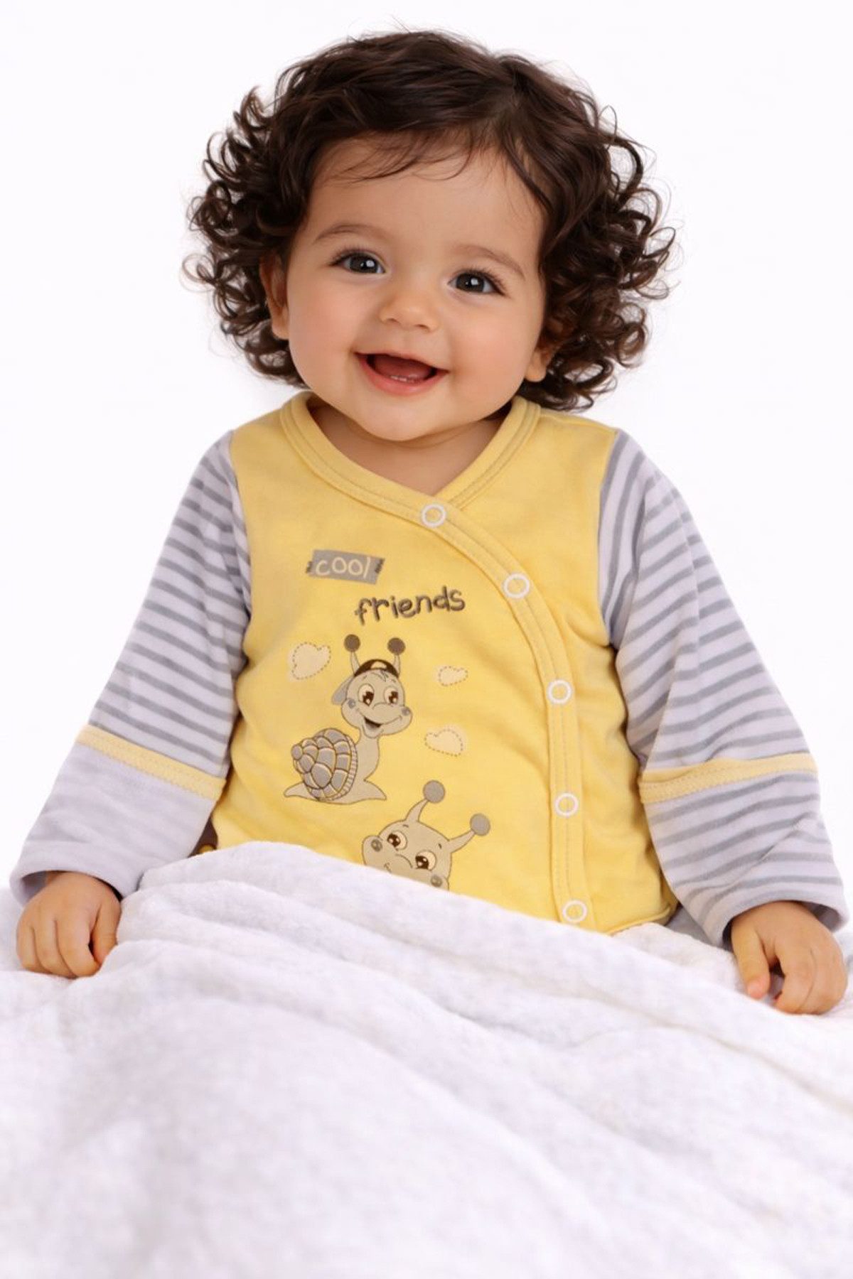 La Bortini Strampler Body und Strampler Baby Anzug 2Tlg. Wickelbody in Gelb mit Schnecke aus reiner Baumwolle, 44-50 56 62 68 74 80