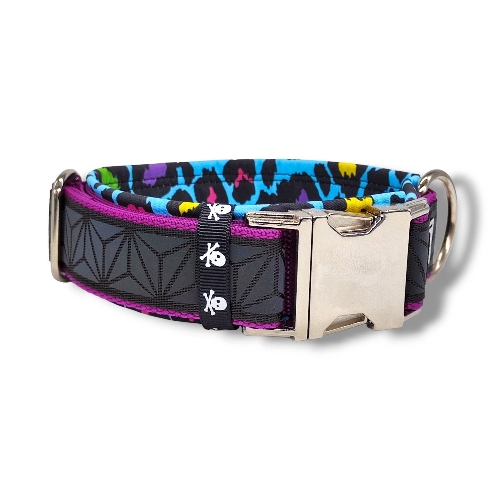 D by E Couture Hunde-Halsband "Rainbow Leopard II", reflektierend, gepolstert, verstellbar, 50mm breit, Handmade