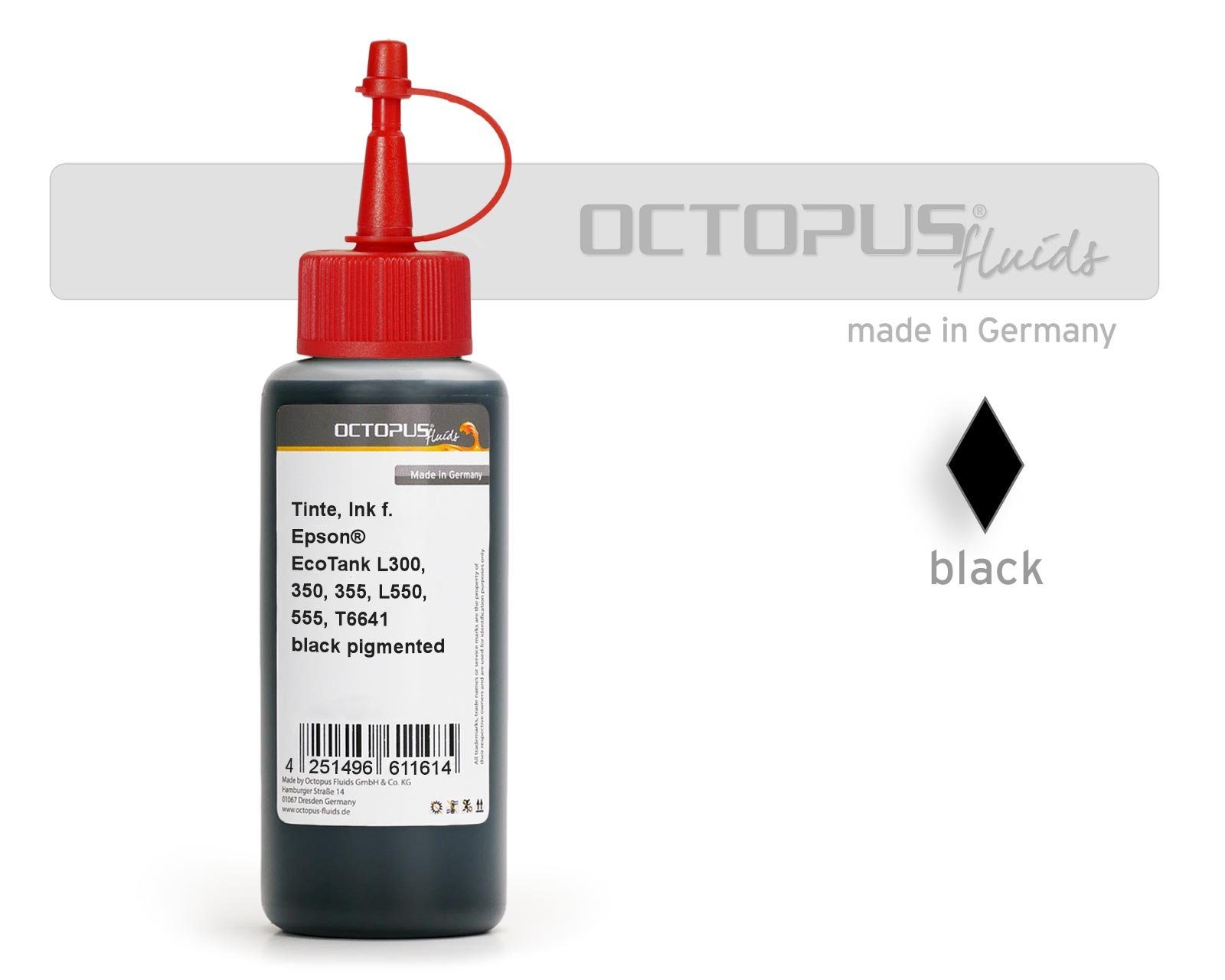 OCTOPUS Fluids Druckertinte Epson EcoTank L300, L355, L555 Drucker, T6641 schwarz Nachfülltinte (für Epson, 1x 100 ml) Schwarz 100ml