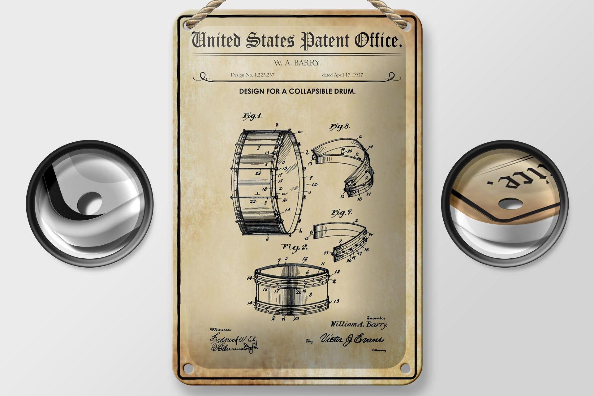 Femer GmbH Metallschild Patent 12x18 cm Entwurf für eine zusammenklappbare Trommel, (1 St), gewölbte Oberfläche, abgerundete Ecken, umgeschlagene Kanten