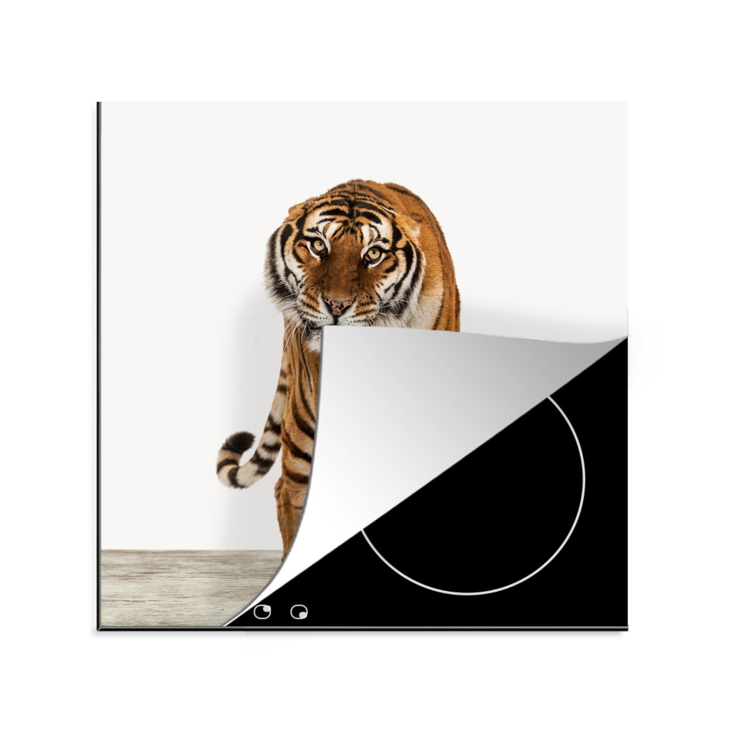 MuchoWow Herdblende-/Abdeckplatte Tiger - Tiere - Holz - Jungen - Kinder, Vinyl, (1 tlg), 78x78 cm, Ceranfeldabdeckung, Arbeitsplatte für küche
