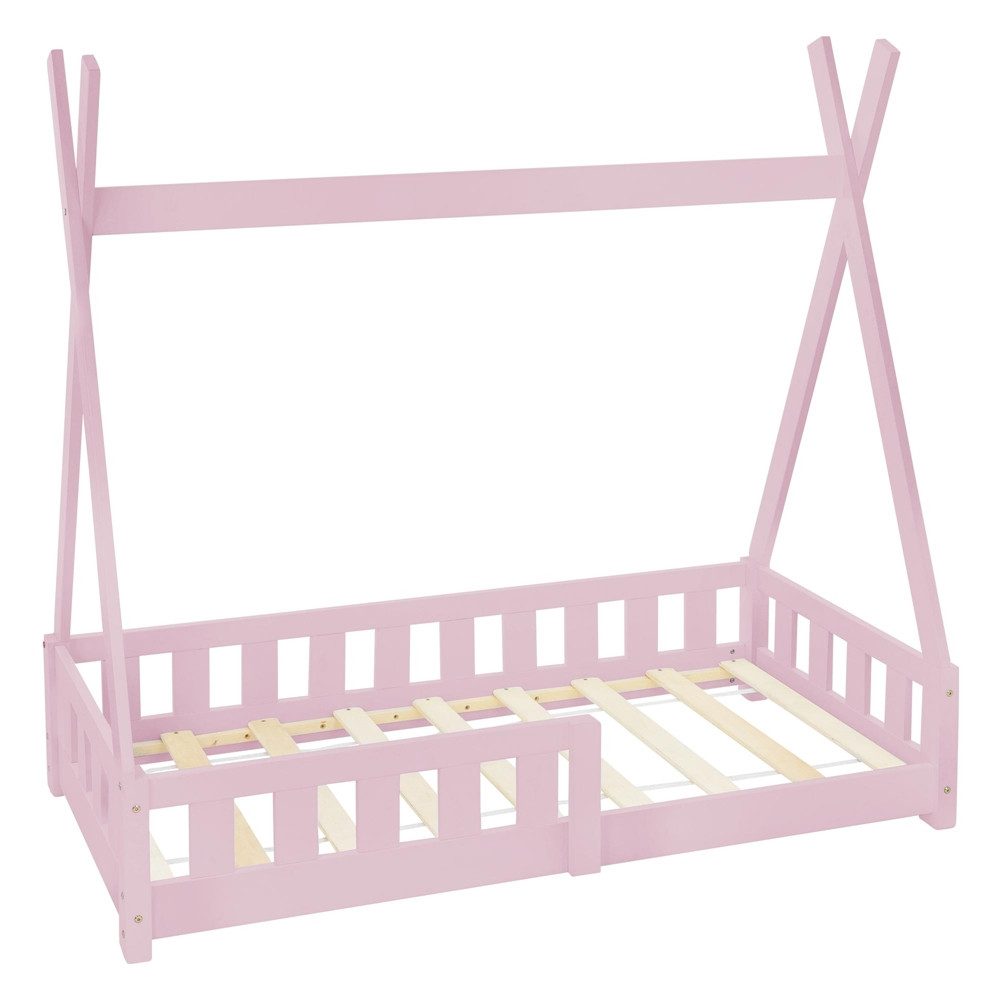 ML-DESIGN Spielbett Hausbett Tipi Zeltbett inkl. Lattenrost Bodenbett Kinder Himmelbett, Abenteuerbett mit Rausfallschutz Zelt Bett Kiefer Rosa Kinderhaus