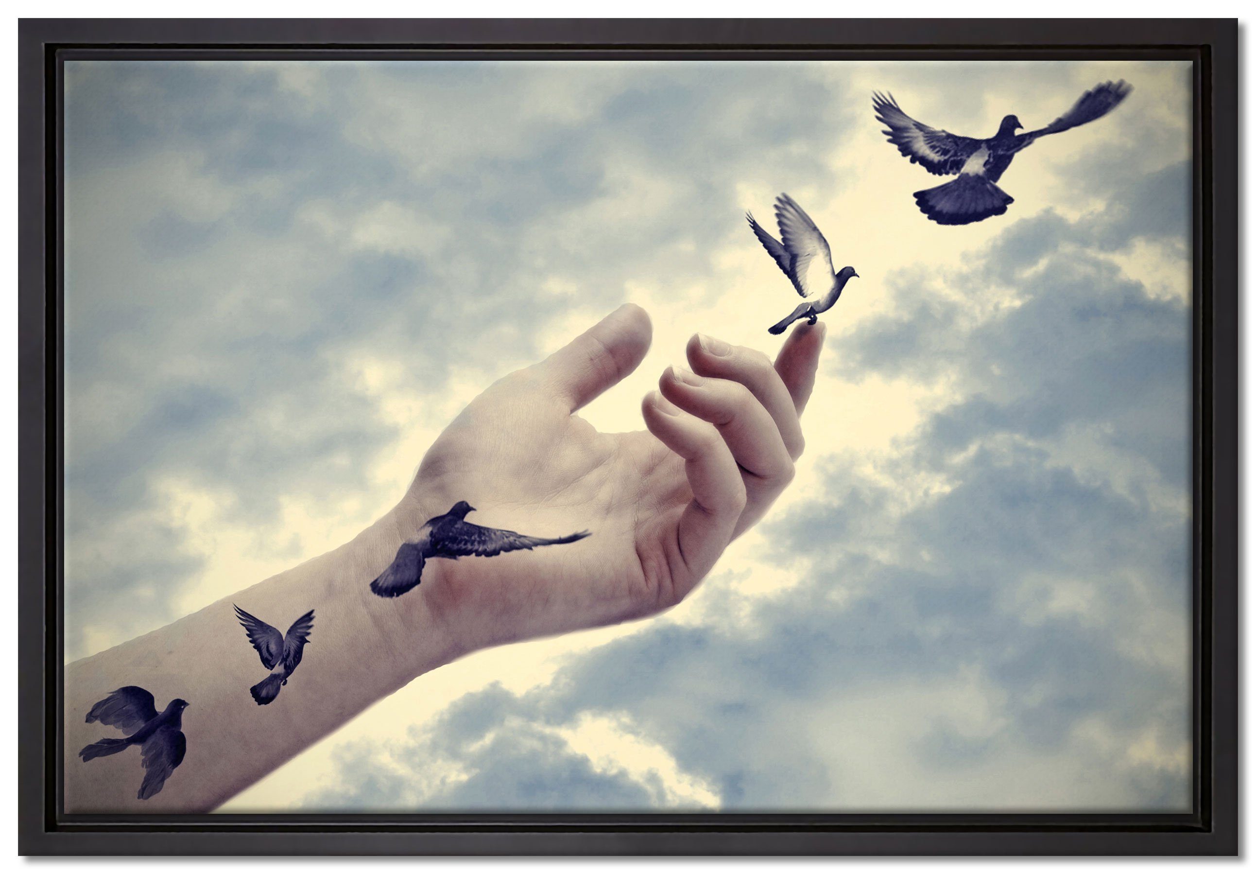 Pixxprint Leinwandbild Vögel fliegen gefasst, einem Zackenaufhänger Leinwandbild fertig Schattenfugen-Bilderrahmen die Freiheit, in St), Wanddekoration (1 inkl. in bespannt
