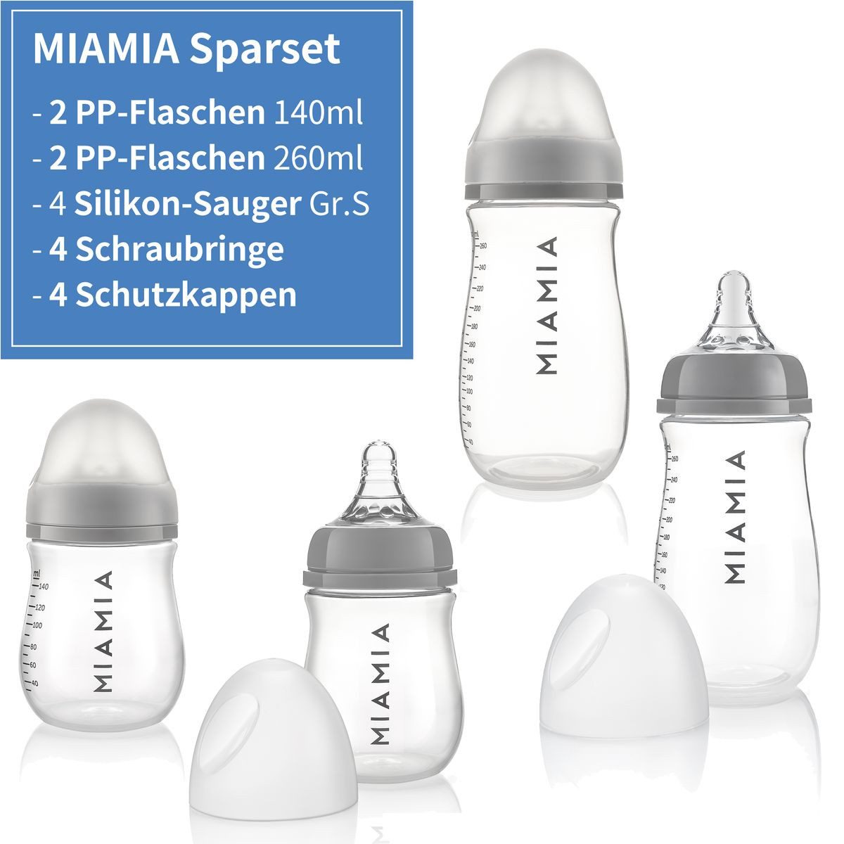 MiaMia Babyflasche PP-Flasche - Grau, 4er Pack Babyflasche 140 ml & 260ml + Silikon-Trinksauger Größe S
