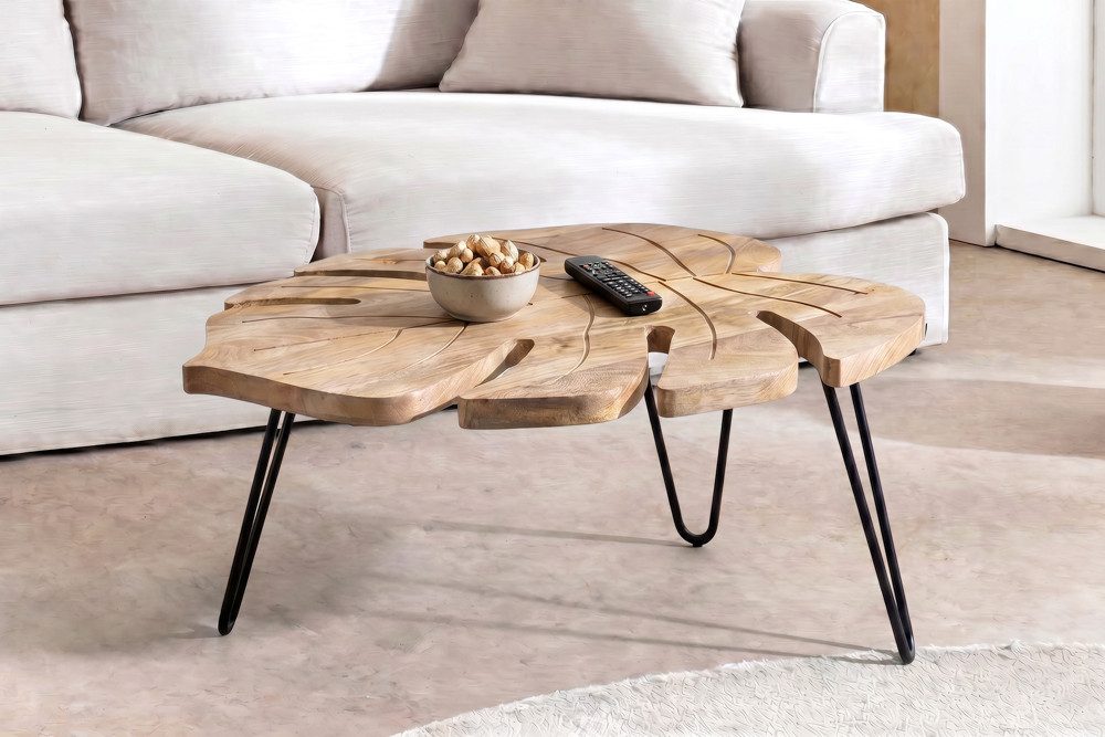 riess-ambiente Couchtisch LEAF 75cm natur/schwarz - Mango-Massivholz, Hairpin Legs, handmade (Einzelartikel, 1-St), Natürlicher Beistelltisch im Blattform - ideal f. Wohn- & Schlafzimmer