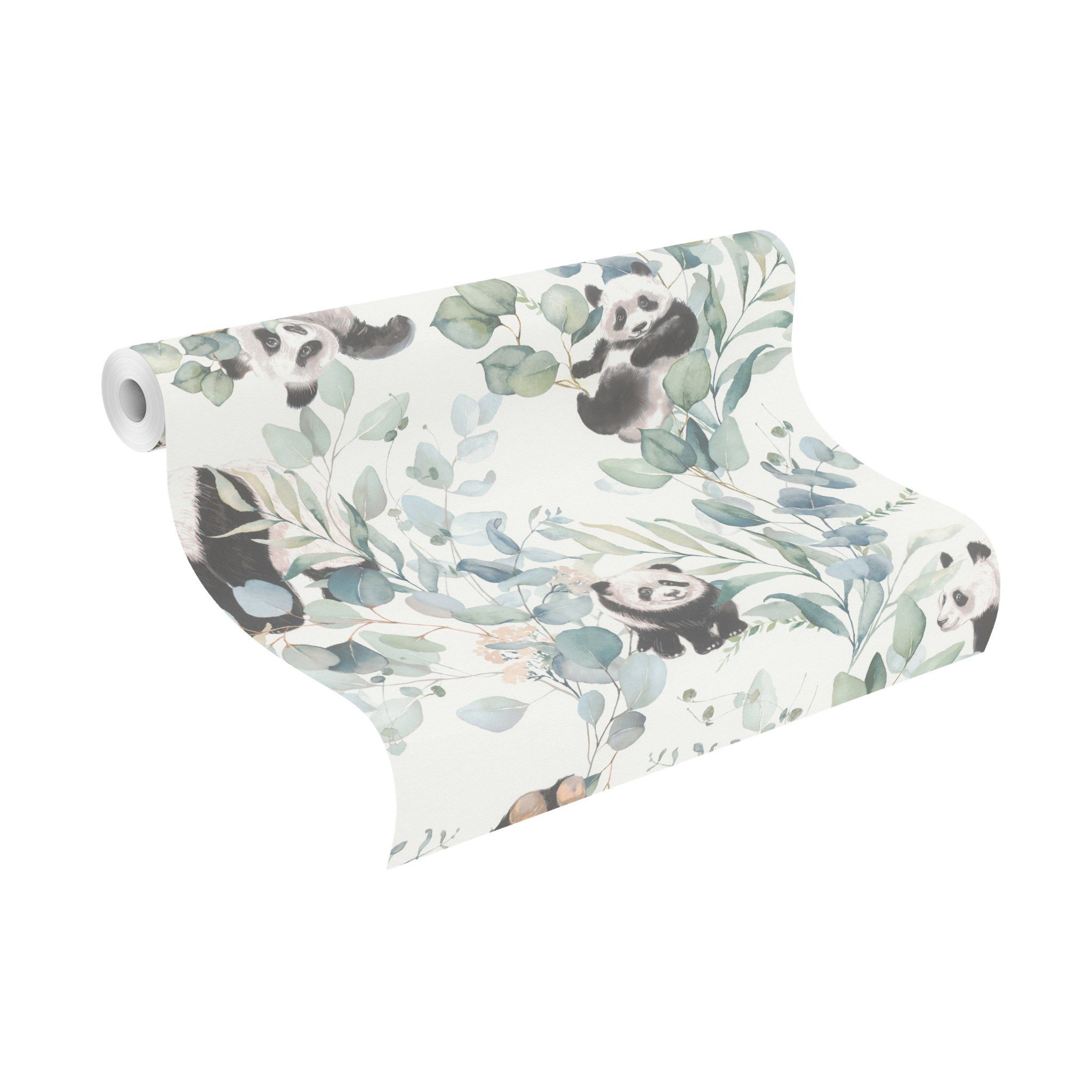 Rasch Vliestapete Panda-Motiv Weiß Creme Schwarz Grün, Fotodruck, (1 Rolle, 1 St., Kollektion 'Kids World II' - 10,05 m x 0,53 m), gute Lichtbeständigkeit, feucht abwischbar, restlos abziehbar