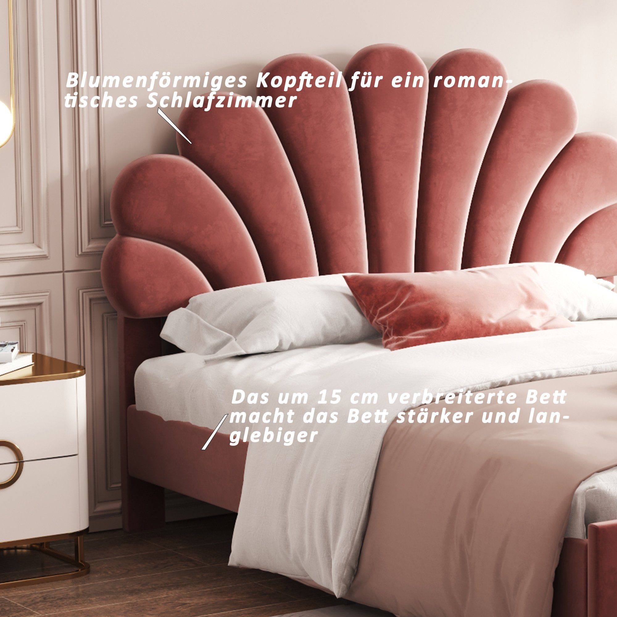Merax Lattenrost, Doppelbett mit Samtbezug, mit höhenverstellbarem Jugendbett und Blumenform-Kopfteil Polsterbett Kopfteil 140x200cm Rosa und