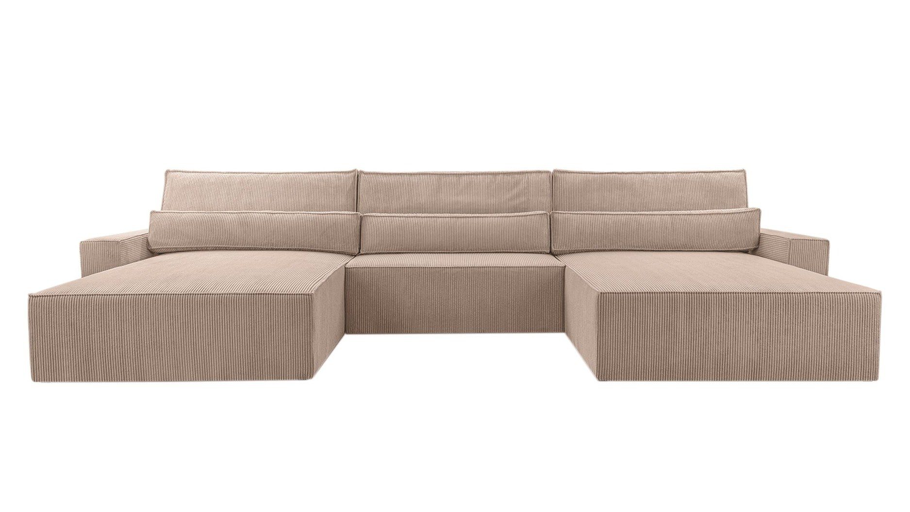 MOEBLO Wohnlandschaft DENVER U, Eckcouch aus Cordstoff Ecksofa U-Form Cord Sofa Couch Polsterecke U-Sofa - 420x85x185cm, mit Bettkasten und Schlaffunktion Dunkelbeige (Poso 02)