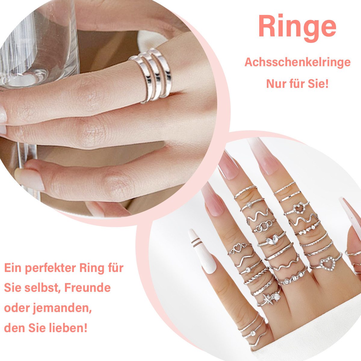 MOPUEA Fingerring Ring-Set Schmuckset,Herzdesign,28 Teile Set Modering-Set (Set, 28-tlg., flexibel für jeden Look und Anlass), Frei kombinierbar & individueller Style