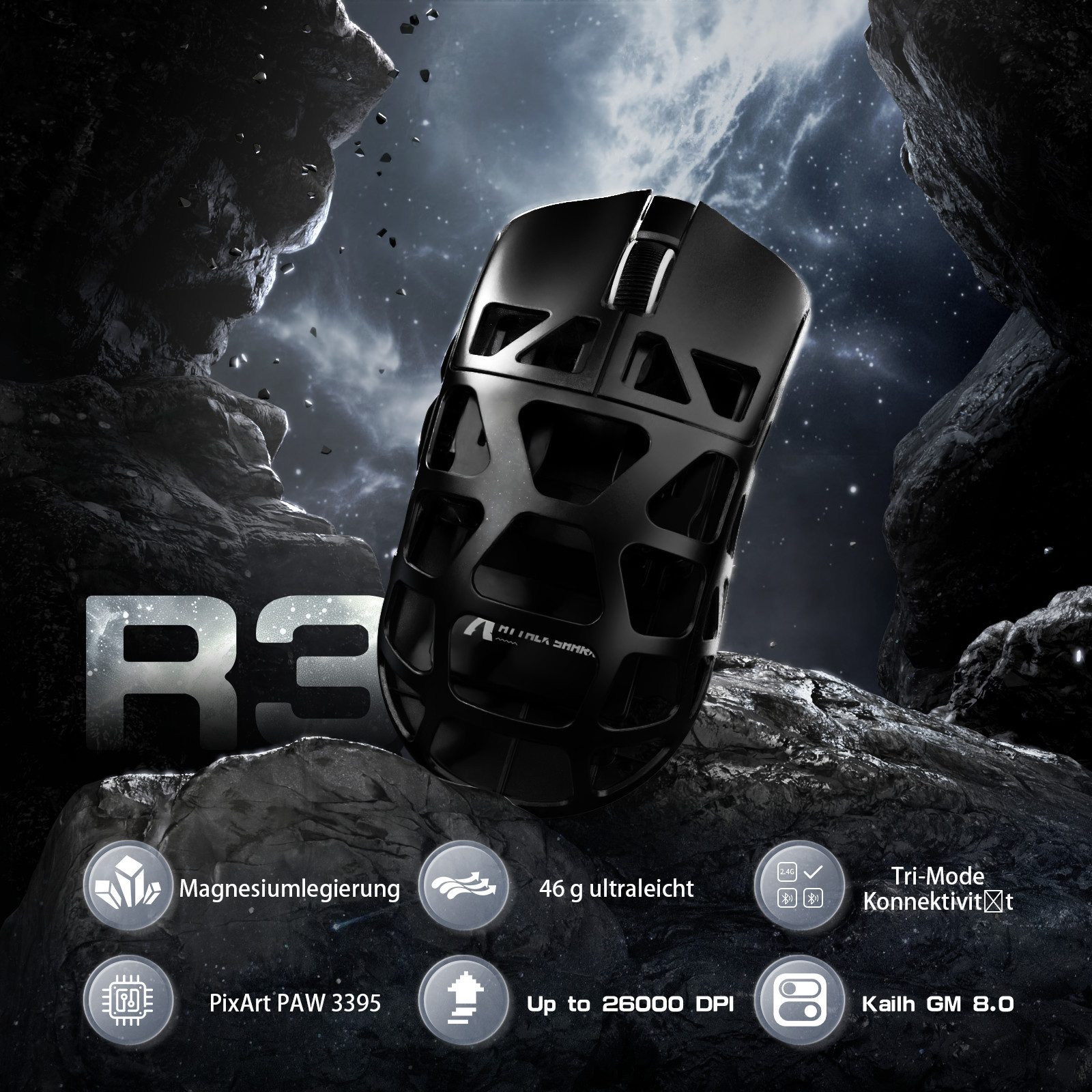 ATTACK SHARK R3 Kabellose Gaming-Maus aus Magnesiumlegierung, 8kHz, 48g Gaming-Maus (2.4G, Bluetooth, USB-C, 26000 dpi, PAW3395-Sensor,46g,8000hz,Magnesiumlegierung)