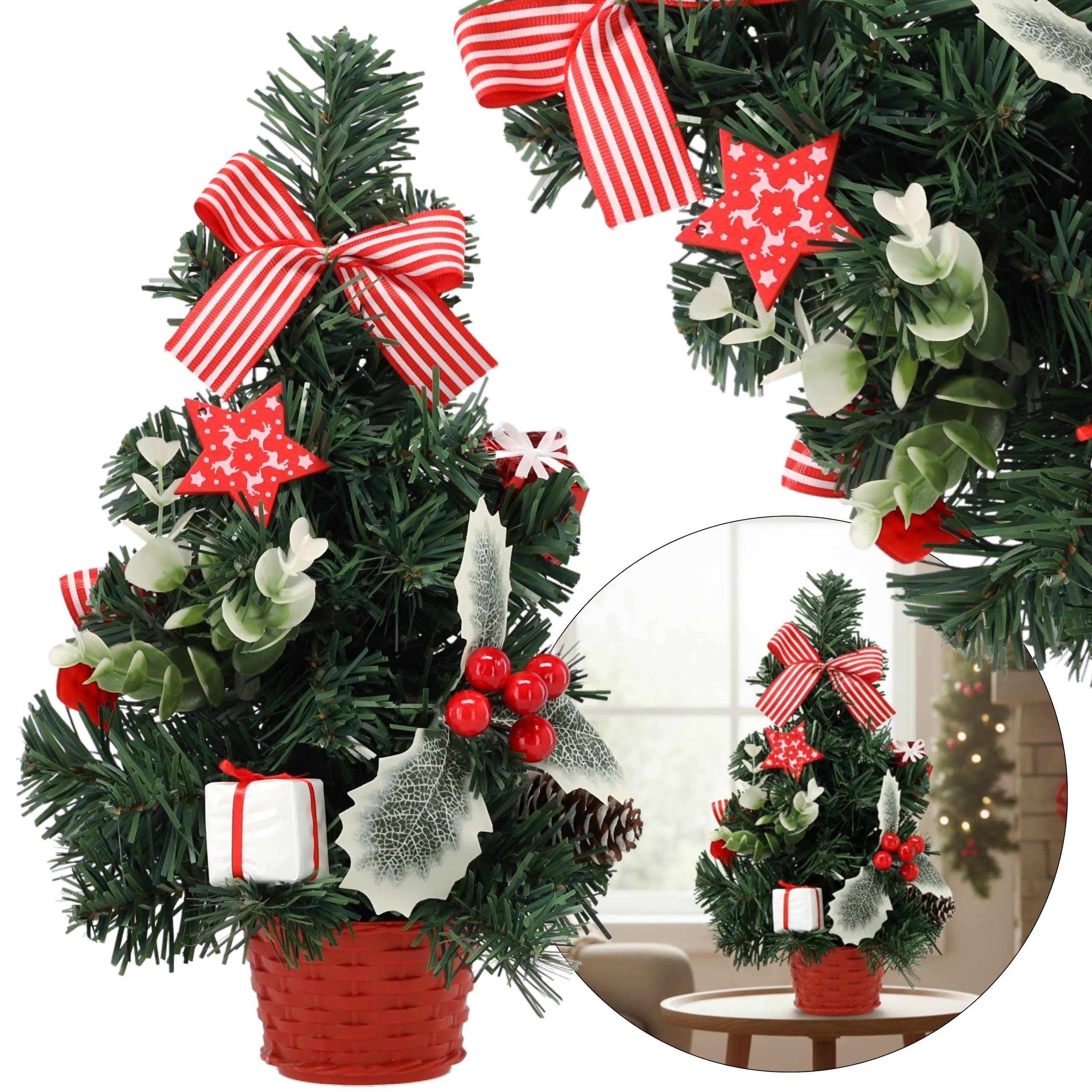 Sarcia.eu Künstlicher Weihnachtsbaum KLEIN künstlicher Weihnachtsbaum rot mit Stechpalmen, geschmückt 30 cm