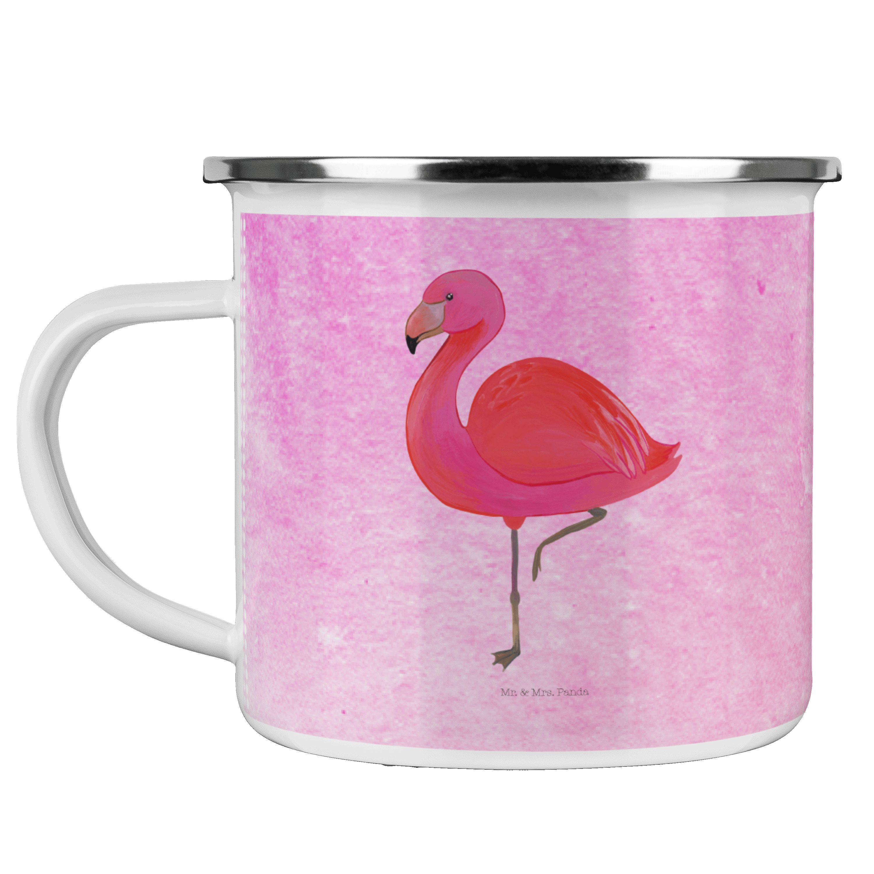Mr. & Mrs. Panda Becher Flamingo classic - Aquarell Pink - Geschenk, rosa, Blechtasse Outdoor, Emaille
