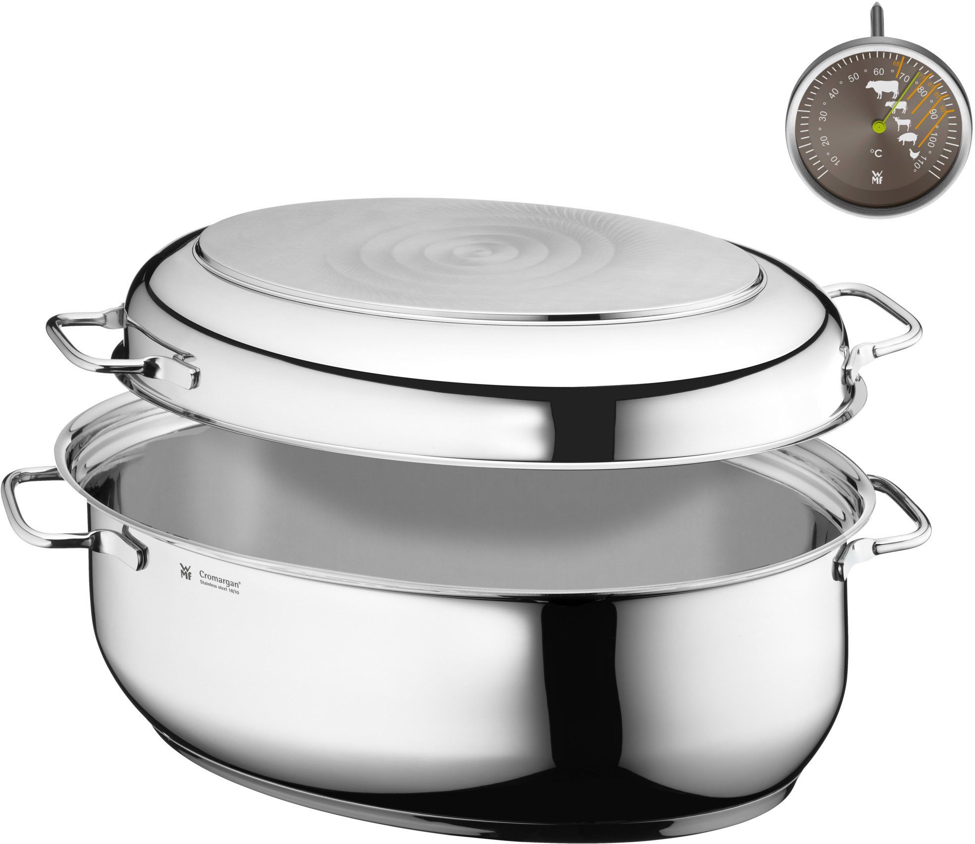 WMF Кастрюли жаровни Schmortopf mit Deckel, Induktion, backofengeeignet, Cromargan® Edelstahl Rostfrei 18/10, Deckel als Induktionspfanne nutzbar, inklusive Fleischthermometer