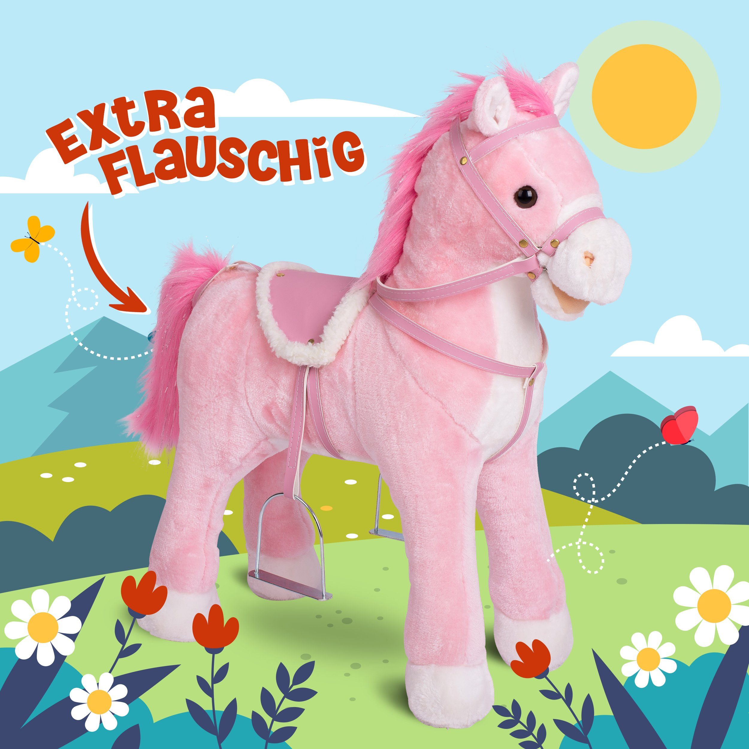 Pink Papaya Stehpferd Stehpferde zum Draufsitzen 60cm, besonders flauschig, liebevolle Details, Sound im Ohr