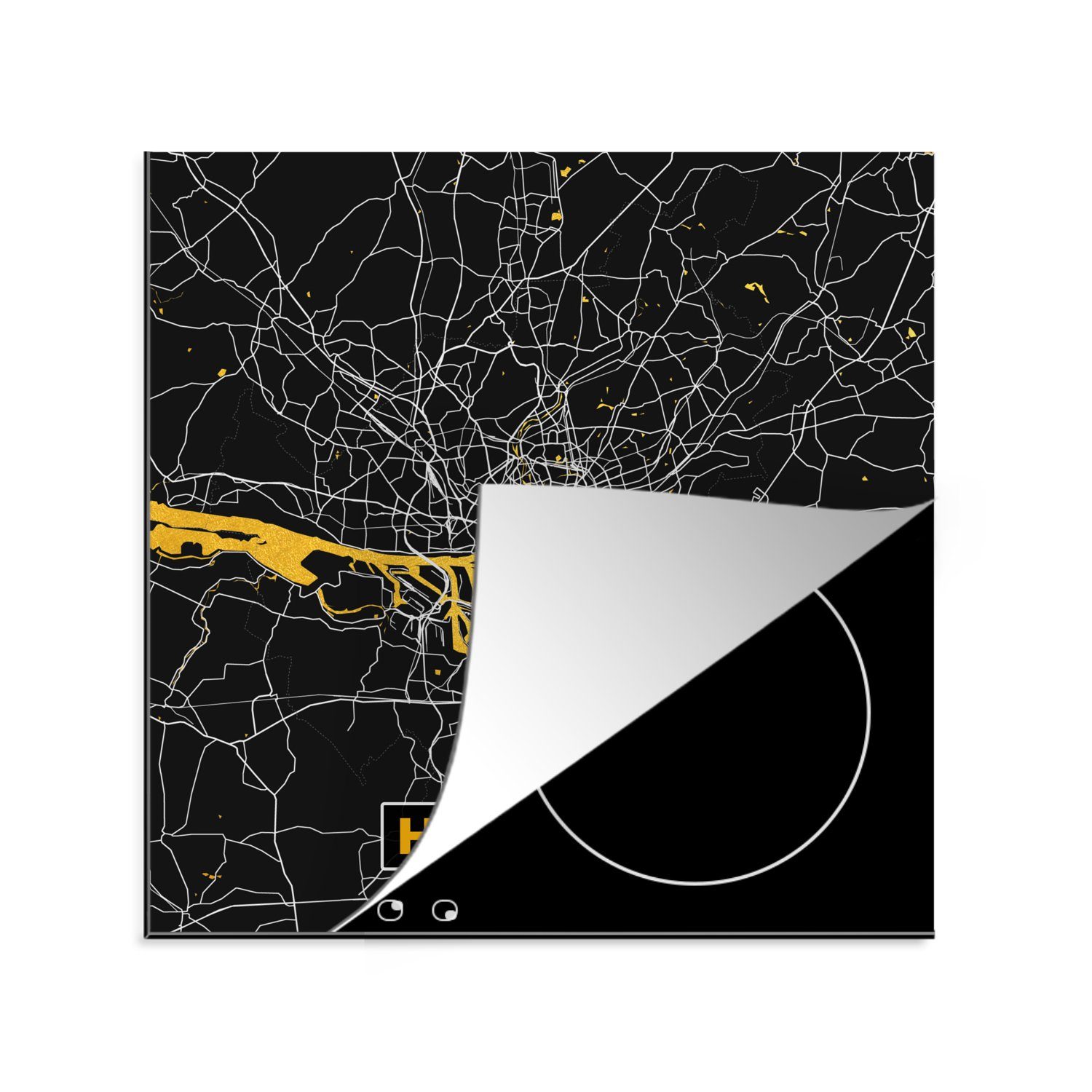 MuchoWow Herdblende-/Abdeckplatte Hamburg - Deutschland - Karte - Gold - Stadtplan, Vinyl, (1 tlg), 78x78 cm, Ceranfeldabdeckung, Arbeitsplatte für küche