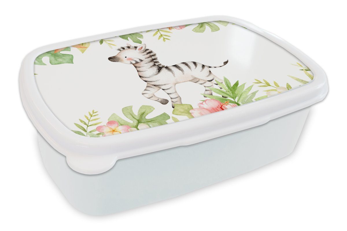 MuchoWow Lunchbox Zebra - Blumen - Dschungel - Aquarell, Kunststoff, (2-tlg), Brotbox für Kinder und Erwachsene, Brotdose, für Jungs und Mädchen weiß