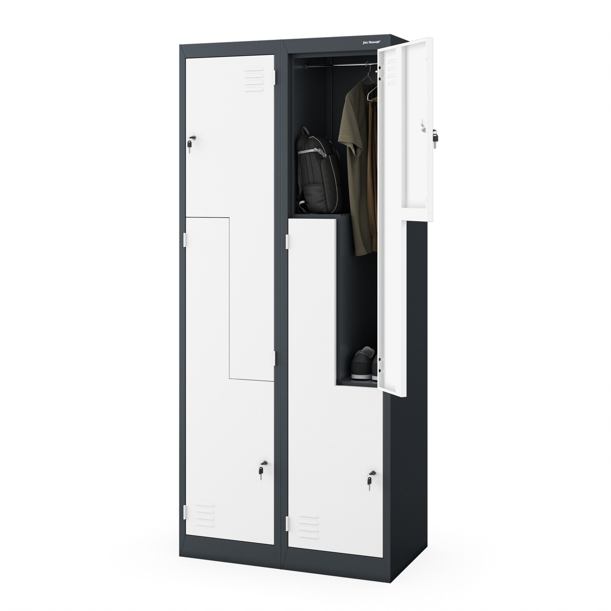 Jan Nowak Mehrzweckschrank Metall Kleiderspind 80 cm JULIA L-Form 4 Fächer abschließbar (0,6 mm 185 x 80 x 45 cm Lüftungsschlitze Wandmontage PZH) Garderobenschrank Stahl Schloss je Fach 185 cm hoch 5 Farben