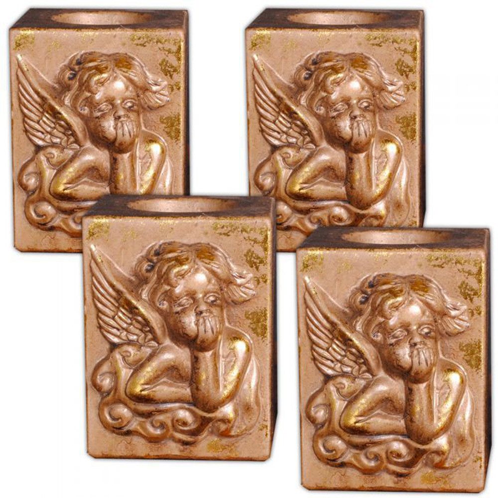 LebensWohnArt Teelichthalter 4er Set Engel Teelichthalter Antik-Gold Weihnachten Deko