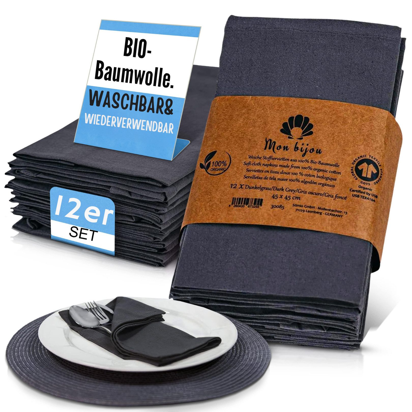 Mon Bijou Stoffserviette Stoffservietten Bio Baumwolle grau, weiß, dunkelgrau Servietten Stoff, (für Restaurants hochwertige Gastronomie Tischservietten Set 45 x 45cm, 12 St., Tischdeko für Hochzeit, Weihnachten, Geburtstagsfeier, Familienfeier), Baumwoll