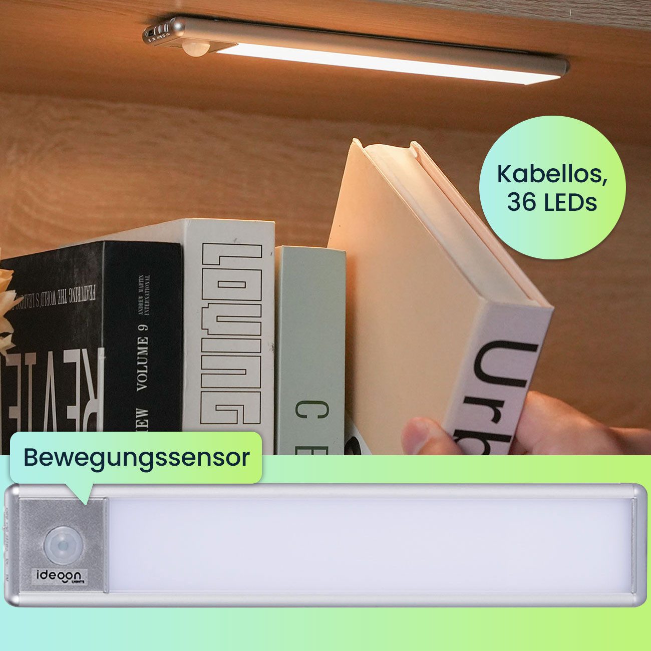shop'n smile ideoon LED Lichtleiste 20,5cm mit Bewegungssensor: Kabellos, hell & energiesparend, Perfekt für Schrank, Flur & Küche