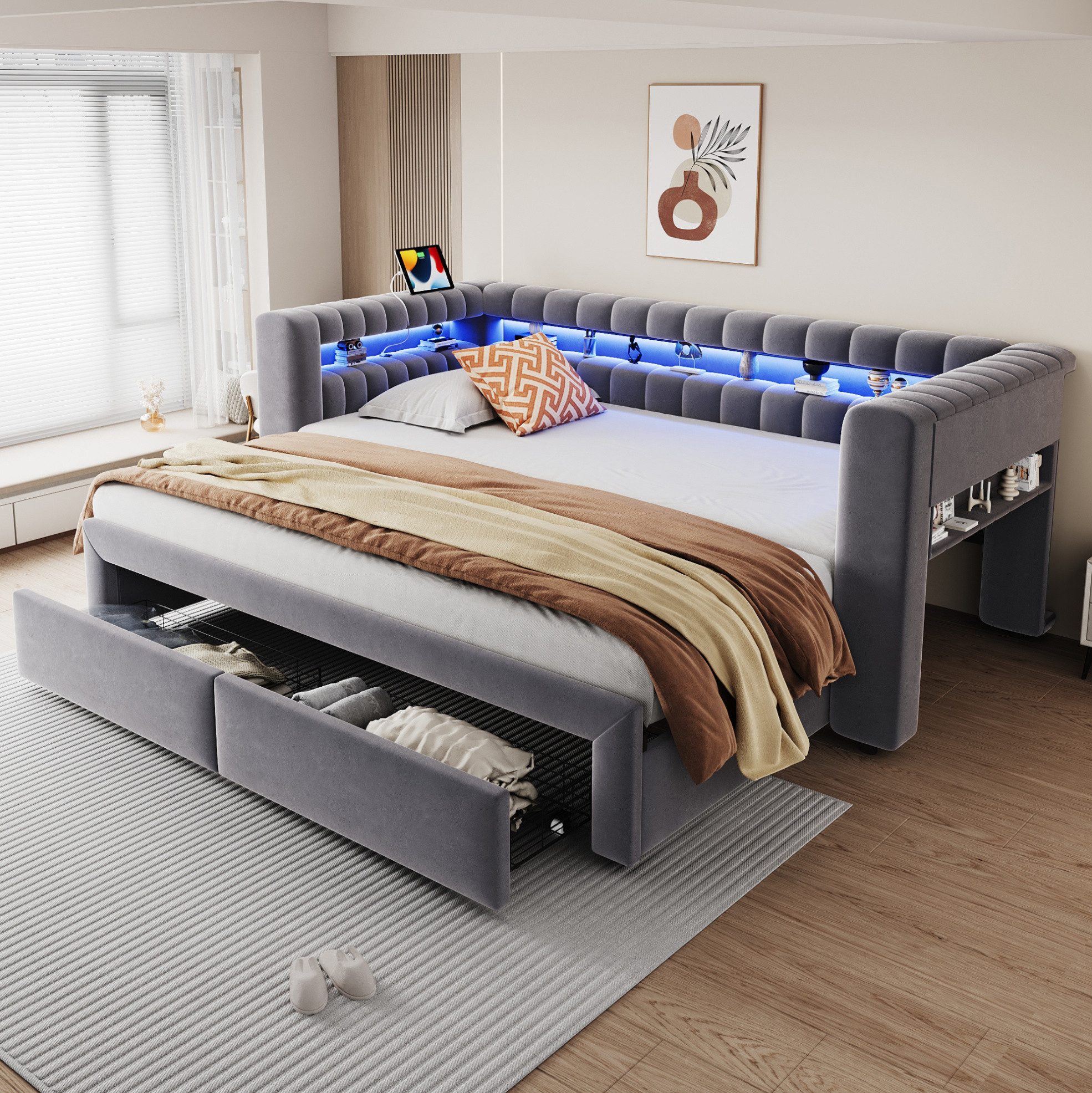 OKWISH Polsterbett Schlafsofa Stauraumbett (mit LED-Beleuchtung, USB- und Typ-C-Anschluss,90/180 × 190 cm, ausziehbarem Bettbereich und Schubladen, Gästebett Funktionsbett mit integriertem Stauraum), ohne Matratze