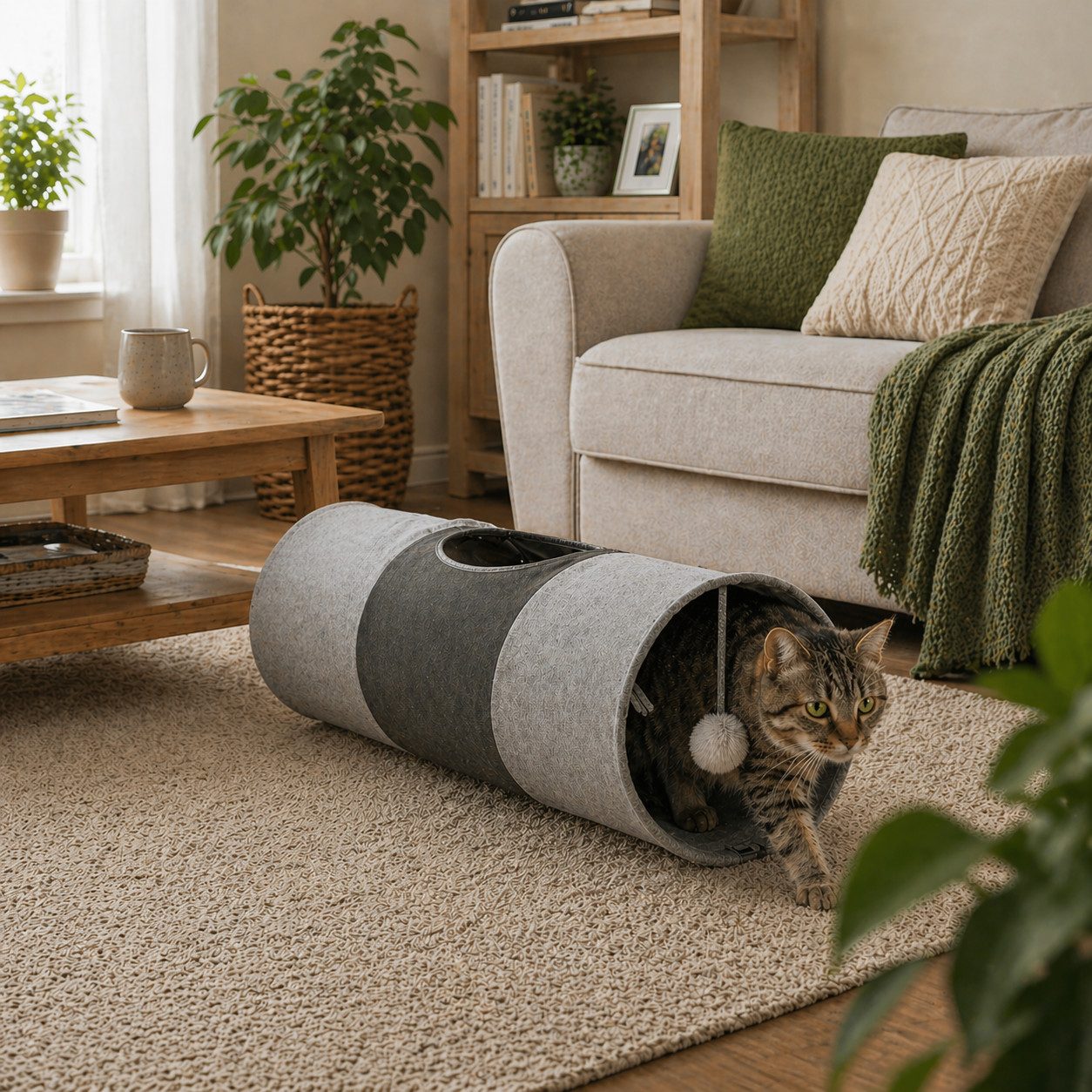 belviona Tierrascheldecke mit Spielball, Katzentunnel platzsparend & robust, 30x70 cm, grau, Textil mit Knisterfolie, (1-tlg) Spieltunnel für Katzen, faltbar & erweiterbar