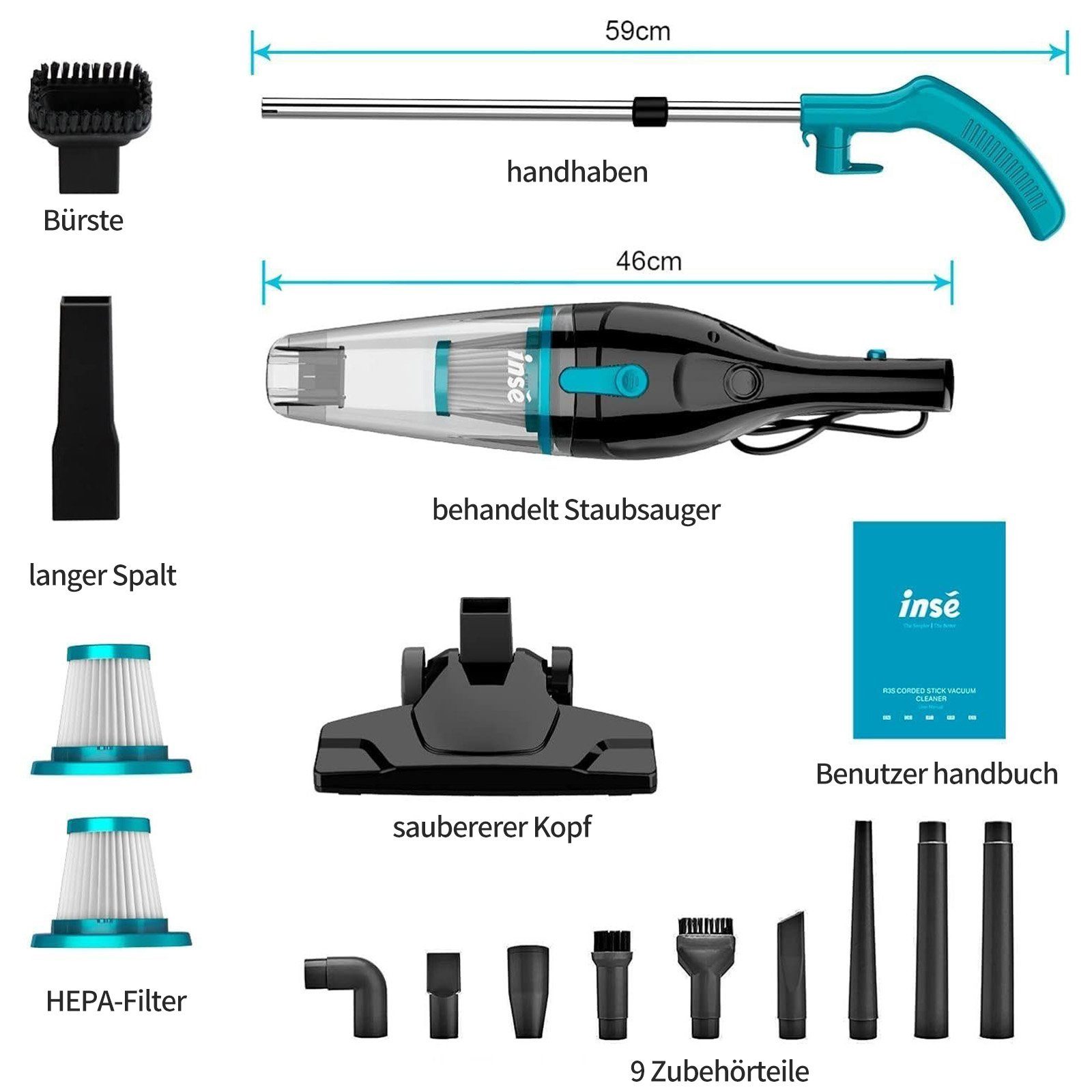 2in1 Hand-und Stielstaubsauger Stielstaubsauger 16Kpa Saugkraft INSE stark RS3,