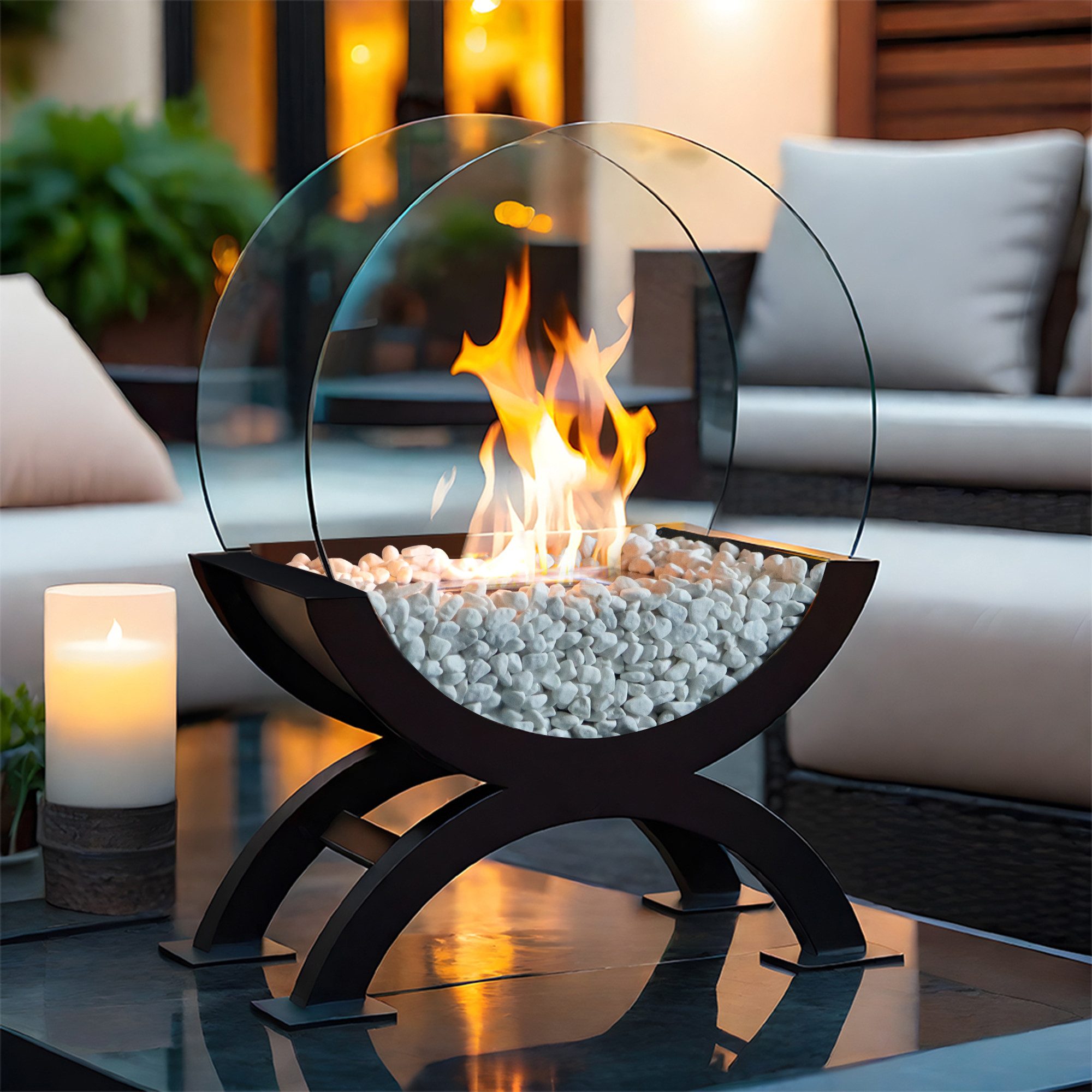 JHY DESIGN Feuerschale 48cm Hoch Tisch-Feuerschale Tisch-Kami Windlichter aus Metall und Glas, (1-St), für Innen und Außenbereich Schwarz – Bild 4 von 5