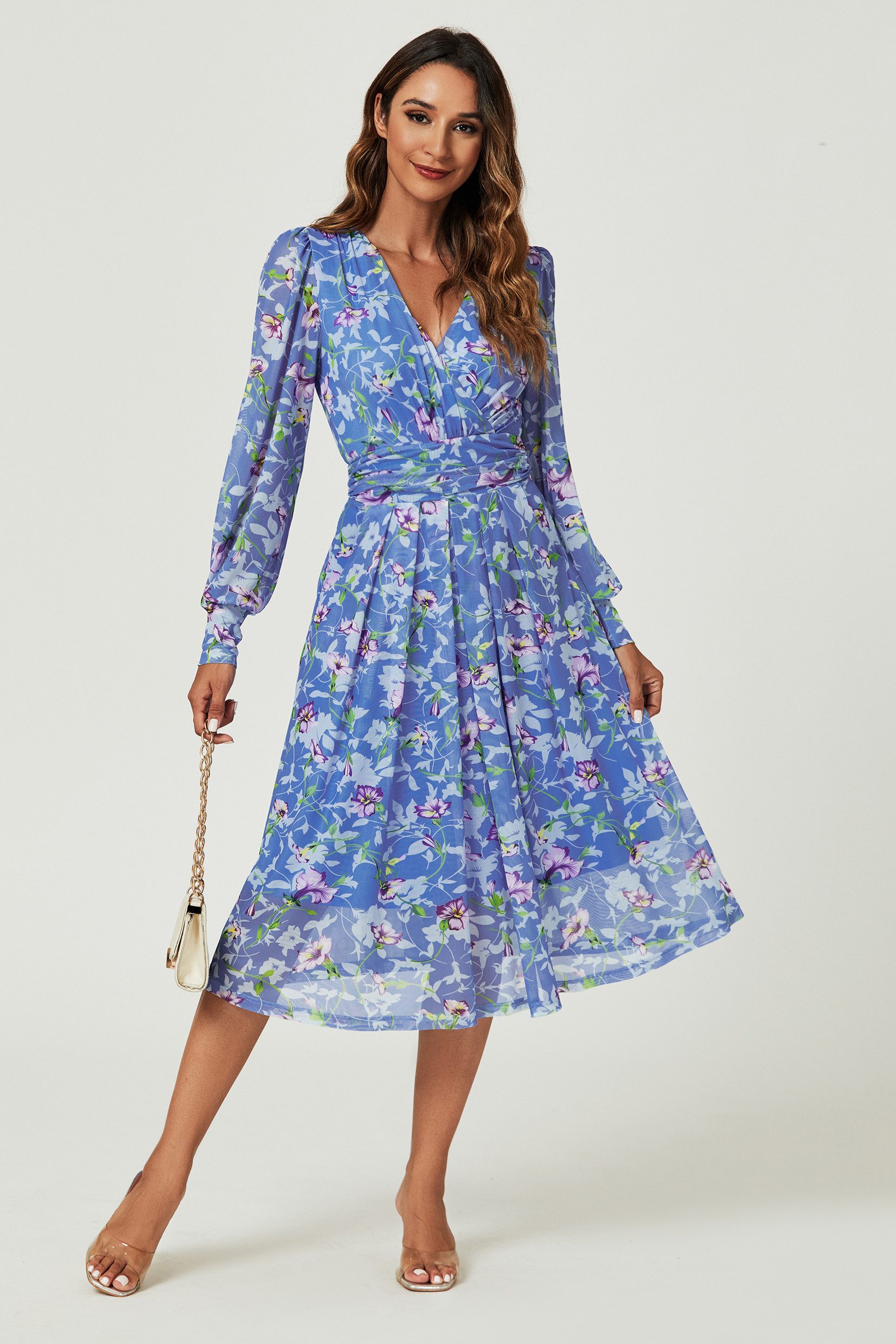 FS Collection Sommerkleid Damen Sommerkleid Midikleid Hellblau Geblümt Langarm Mesh (XS (EU:36 / UK:8) · S (EU:38 / UK:10) · M (EU:40 / UK:12) · L (EU:42 / UK:14) · XL (EU:44 / UK:16) Blumenmuster, Mesh-Einsatz, asymmetrischer Saum, Taschen