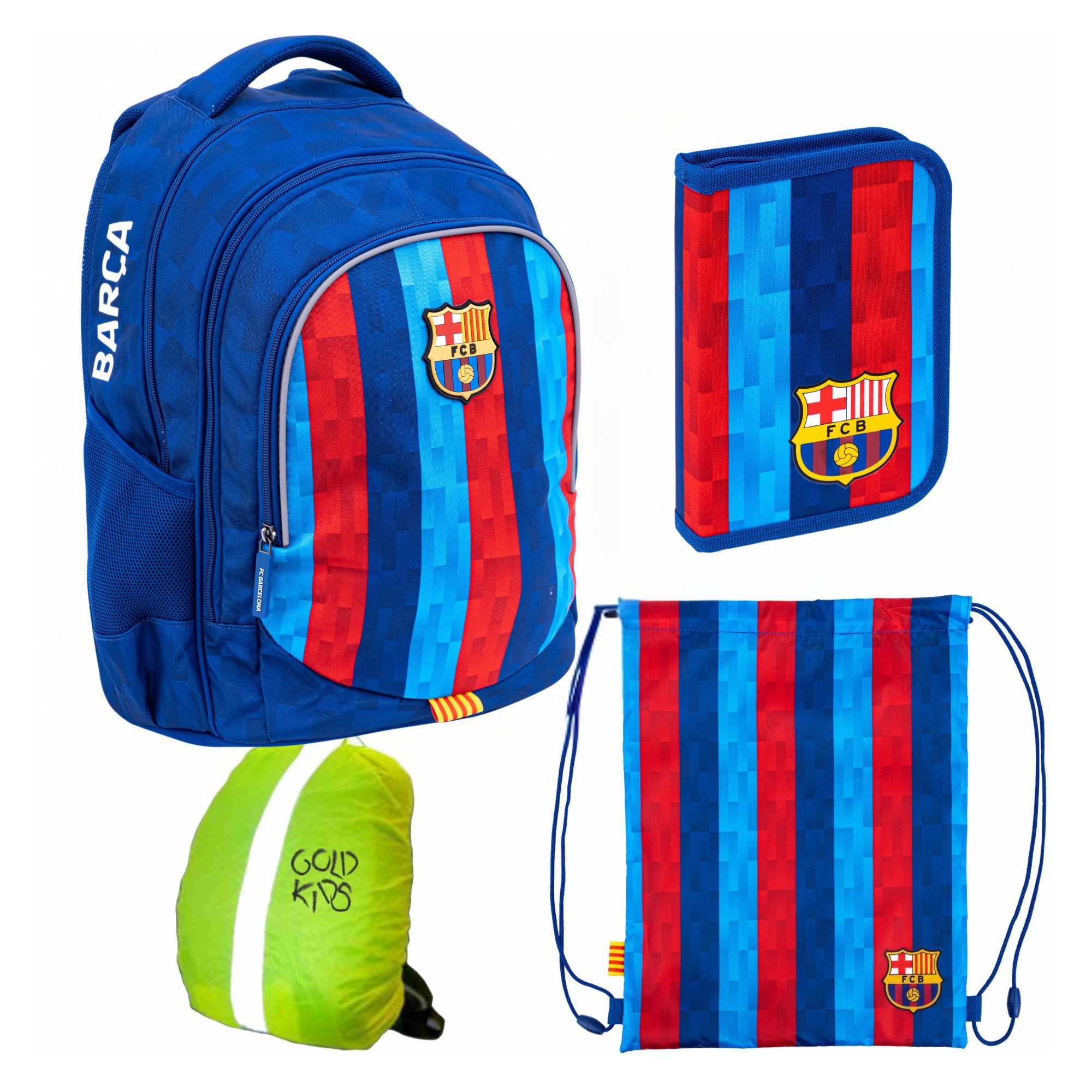 GOLDKIDS Schulranzen für Jungen und Mädchen, 4er-Set - (Schul-Rucksack für, 1-tlg., Kinder mit Federmäppchen), Schuhbeutel und Regenschutz - FC Barcelona
