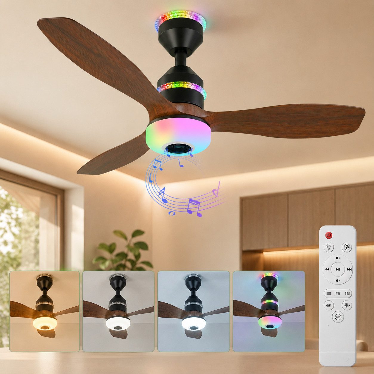 Sunicol Deckenventilator mit Beleuchtung, Dimmbar 3 Farbtemperatur+RGB Ventilator mit Lich, mit Bluetooth-Lautsprecher, Leiser, 3 Windgeschwindigkeitsstufen