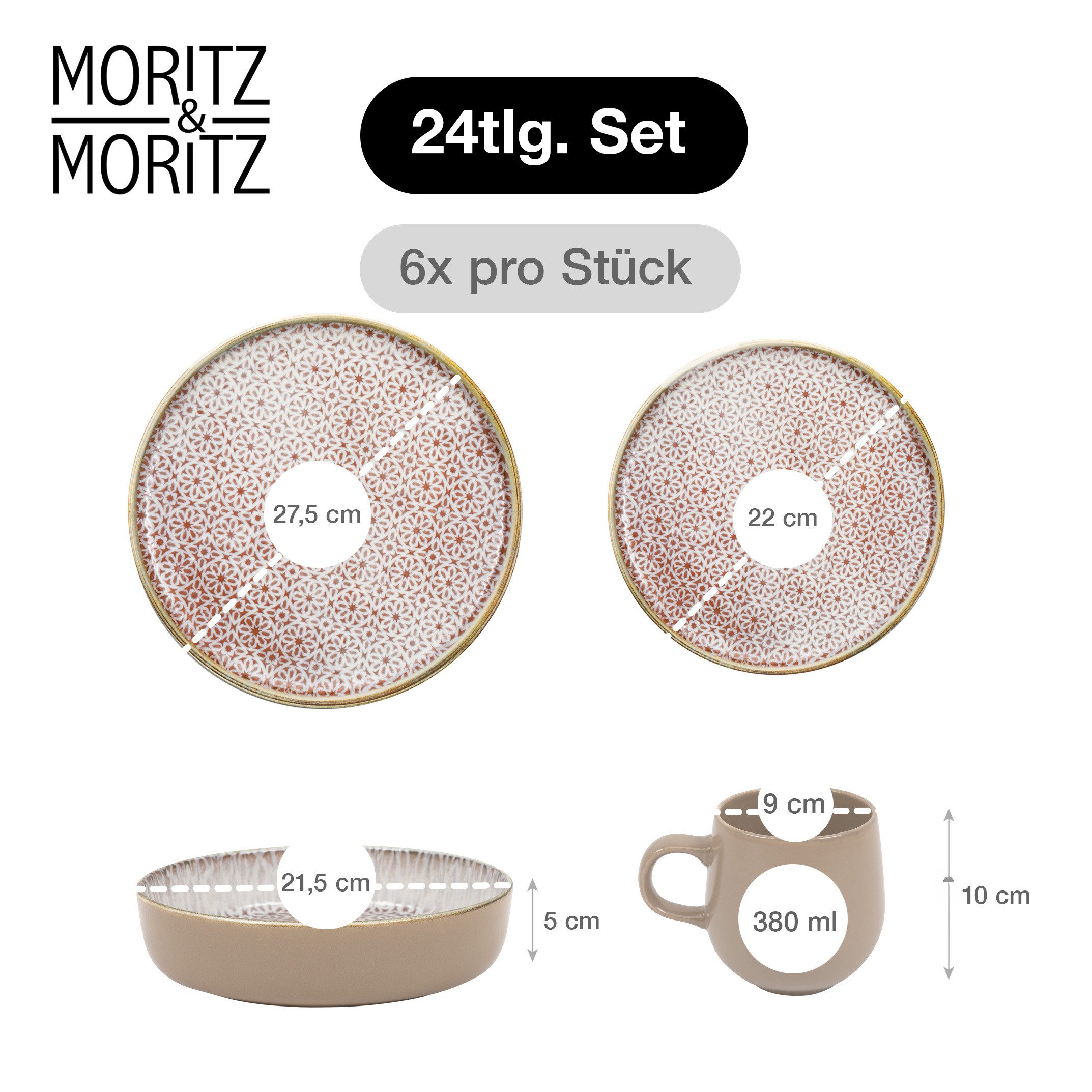 Moritz & Moritz Kombiservice ALHAMBRA Geschirrset mit Tassen Mousse (24-tlg), 6 Personen, Porzellan, Spülmaschinengeeignet & Mikrowellensicher
