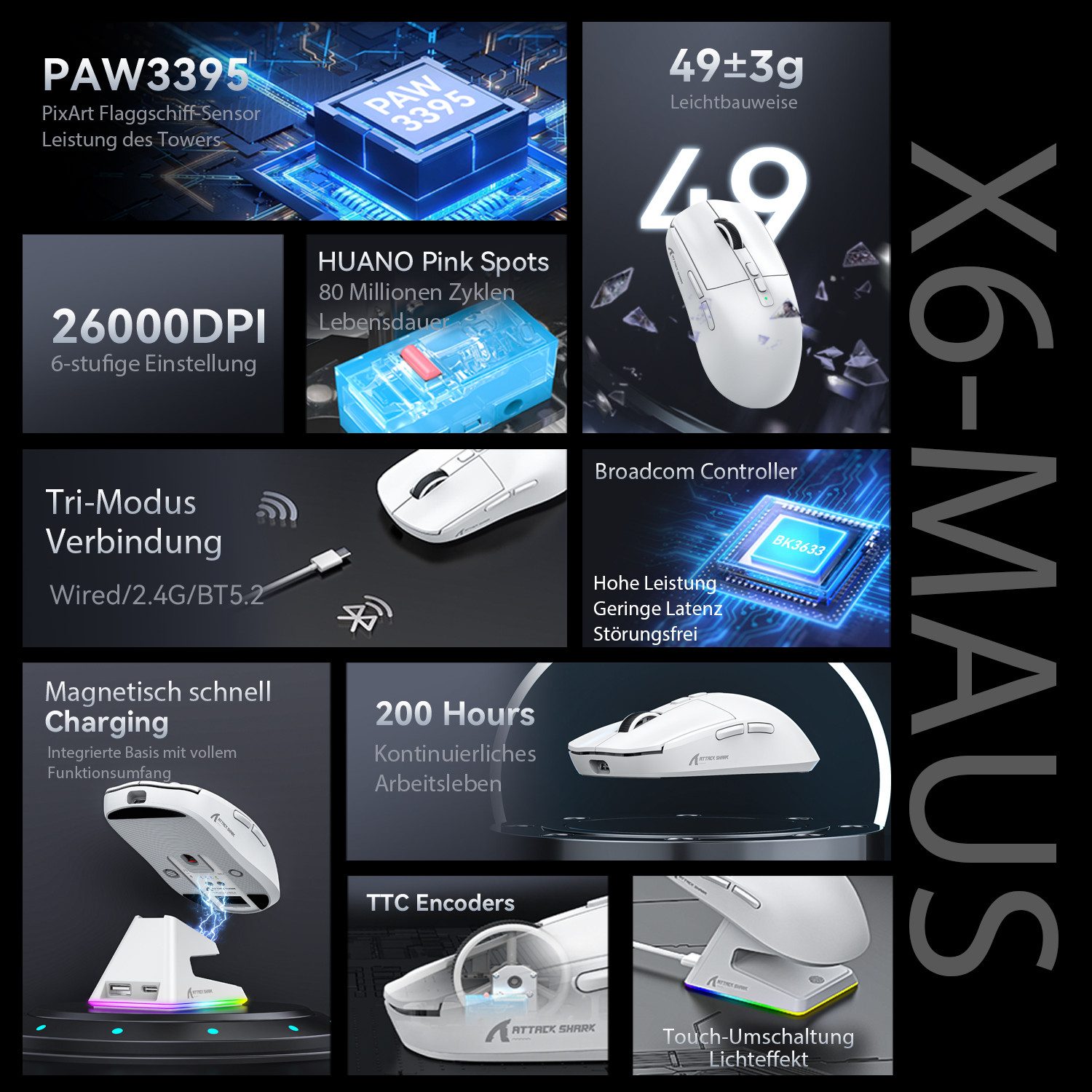 ATTACK SHARK ATTACK SHARK X6 Kabellose Gaming-Maus, Ladestation, 49g, PAW3395 Gaming-Maus (2.4G, Bluetooth, kabelgebunden, Ladestation)