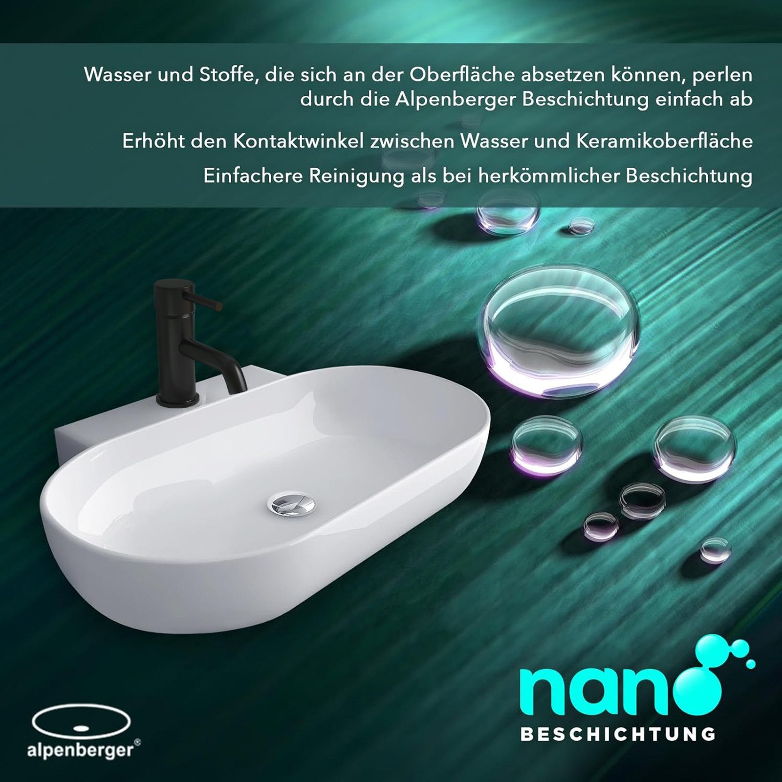 Alpenberger Waschbecken Aufsatzwaschbecken Oval mit Hahnloch, Waschtisch Keramik Weiß mit Nano (Pflegeleicht für Bad und Gäste WC, Keramik Handwaschbecken), auc – Bild 5 von 5