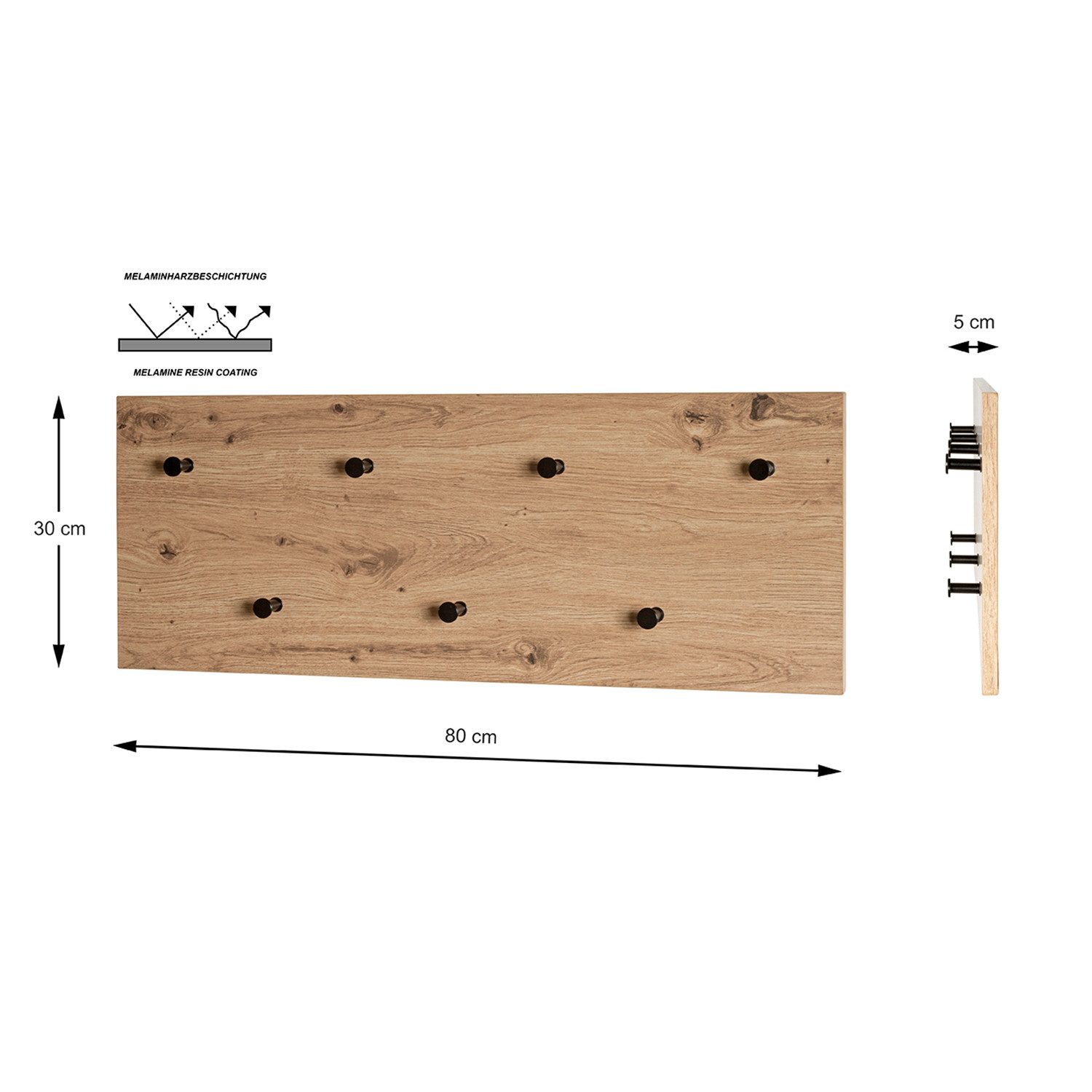 HAKU Garderobenständer PARMA 3 Garderobe - eiche-schwarz - MDF, Metall - H. 30cm x B. 80cm, (1xWandgarderobe, Wandhalterung - Wandhalter), Wandhakenleiste - Hakenleiste - Garderobenleiste - Wandhaken
